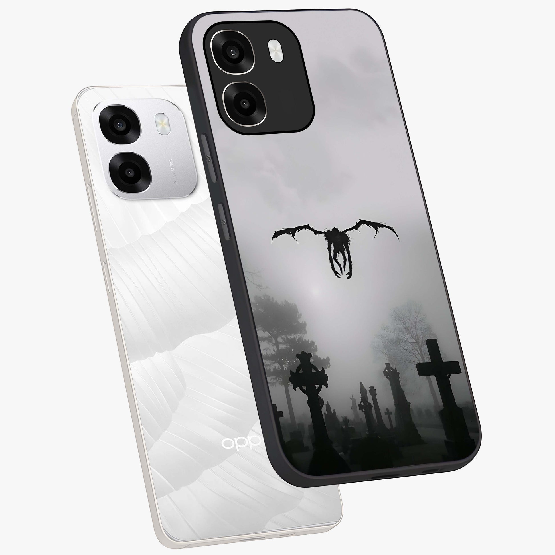 Graveyard Shadow Descent Glass Case displayed in angled mockup highlighting eerie shadow illustration with gothic aesthetic.