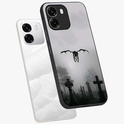 Graveyard Shadow Descent Glass Case displayed in angled mockup highlighting eerie shadow illustration with gothic aesthetic.