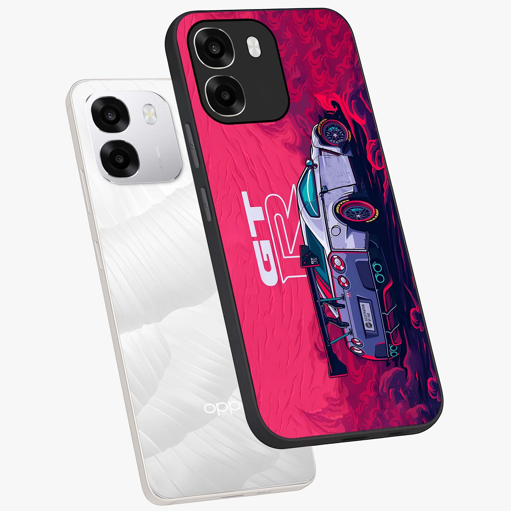 GT-R Car Pattern Glass Case displayed in angled mockup highlighting racing car graphic design with bold automotive aesthetic.