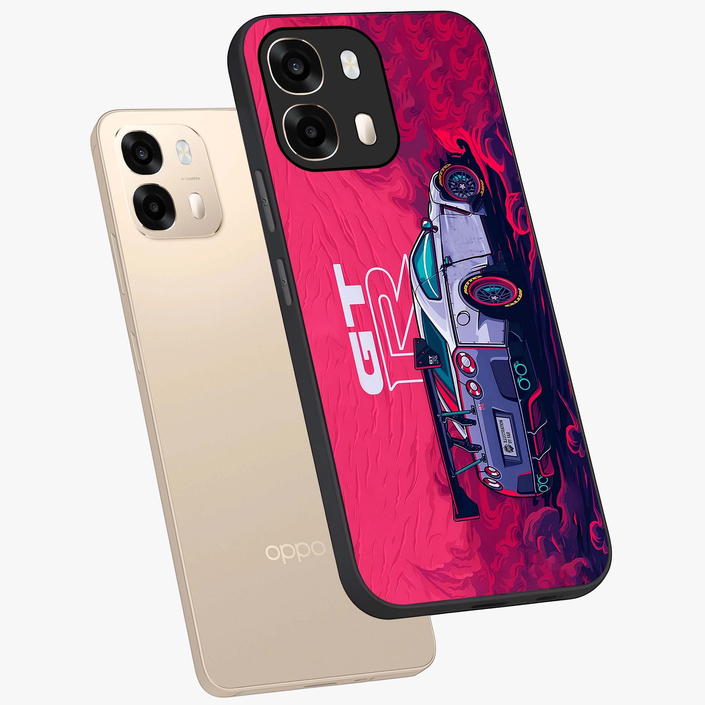 GT-R Car Pattern Glass Case displayed in angled mockup highlighting racing car graphic design with bold automotive aesthetic.