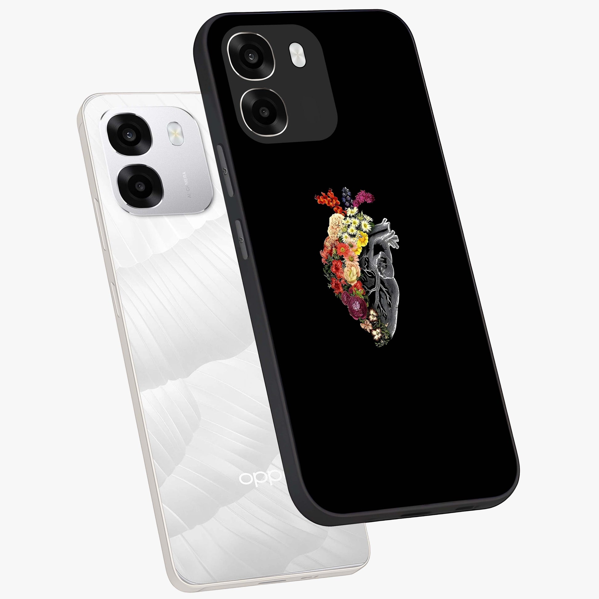 Heart With Flowers Glass Case displayed in angled mockup highlighting romantic flower design with soft aesthetic style.
