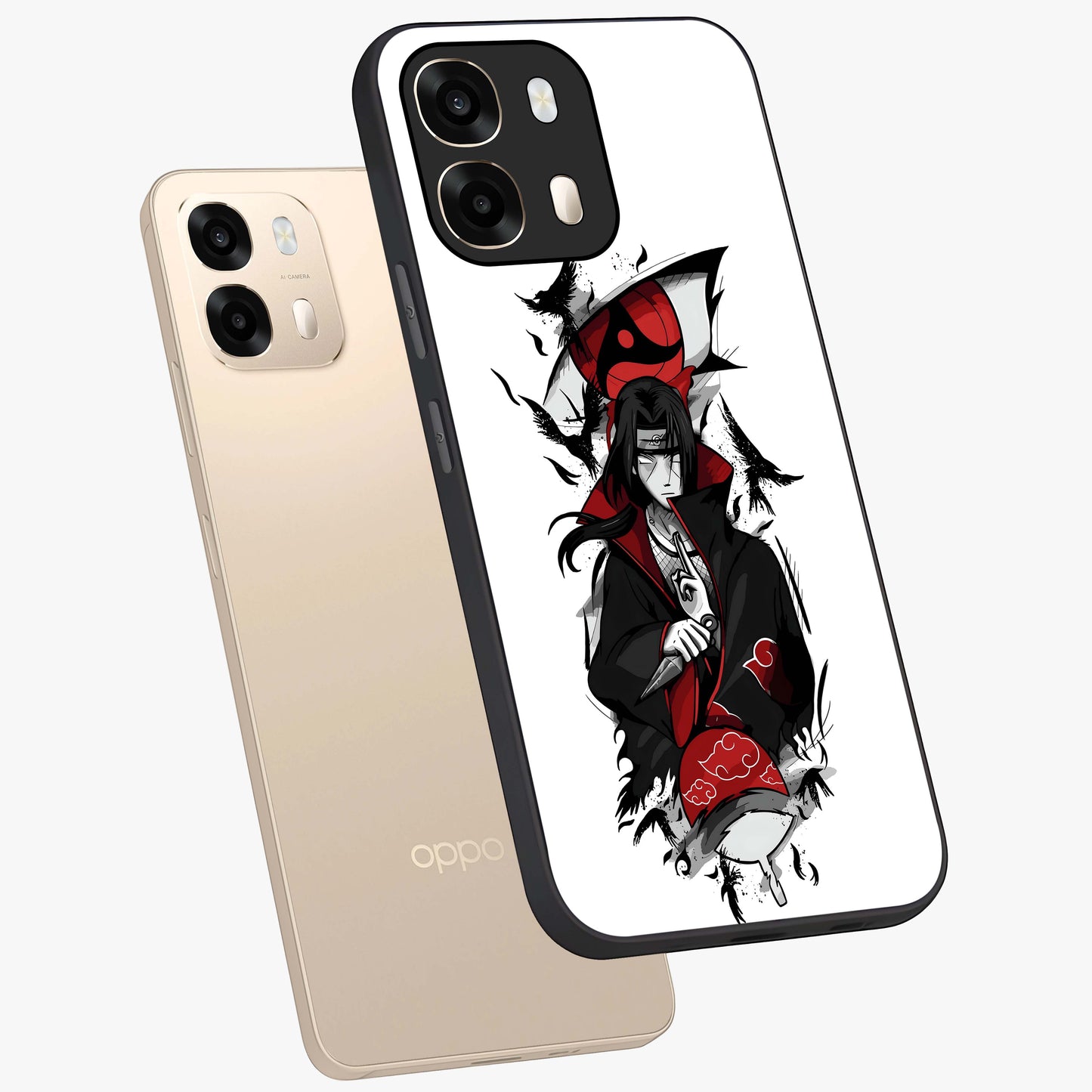 Itachi Limited Edition Naruto Anime Glass Case displayed in angled mockup highlighting dramatic anime illustration with bold action aesthetic.