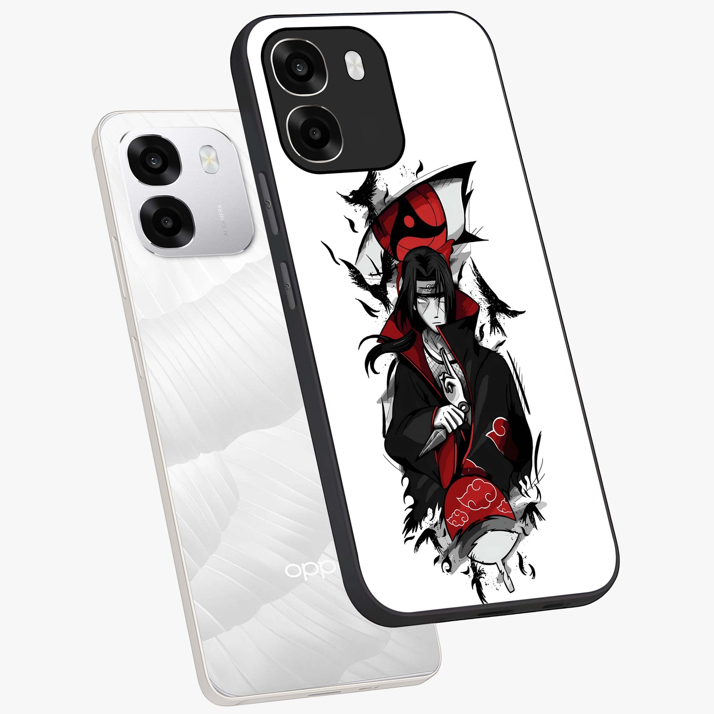 Itachi Limited Edition Naruto Anime Glass Case displayed in angled mockup highlighting dramatic anime illustration with bold action aesthetic.