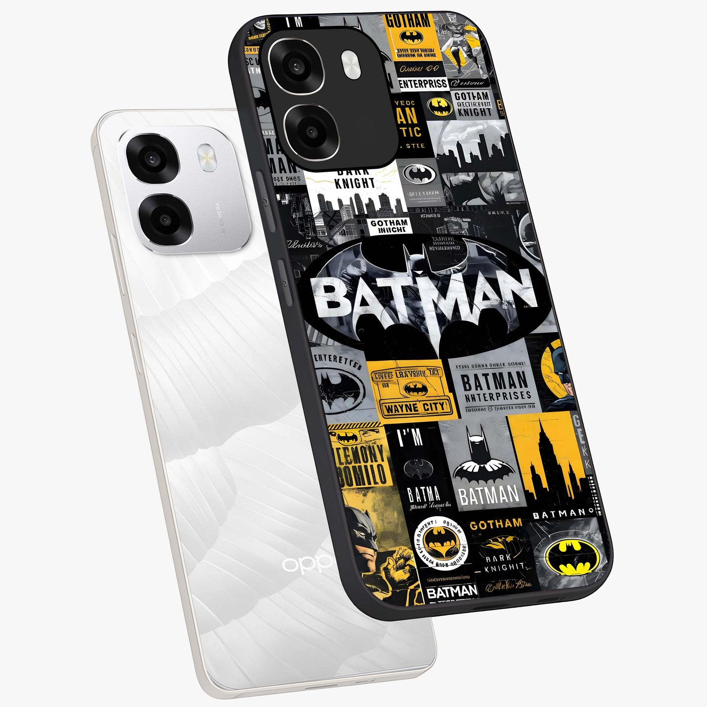 Knight Gotham Rise Glass Case displayed in angled mockup highlighting powerful knight silhouette design with dramatic aesthetic.