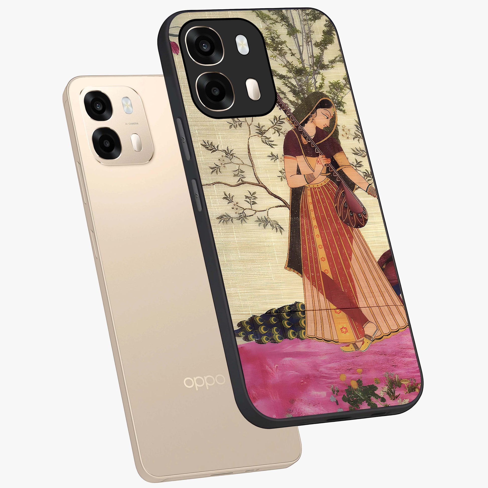 Lady With Veena Art Glass Case displayed in angled mockup highlighting graceful musical illustration with cultural artistic aesthetic.