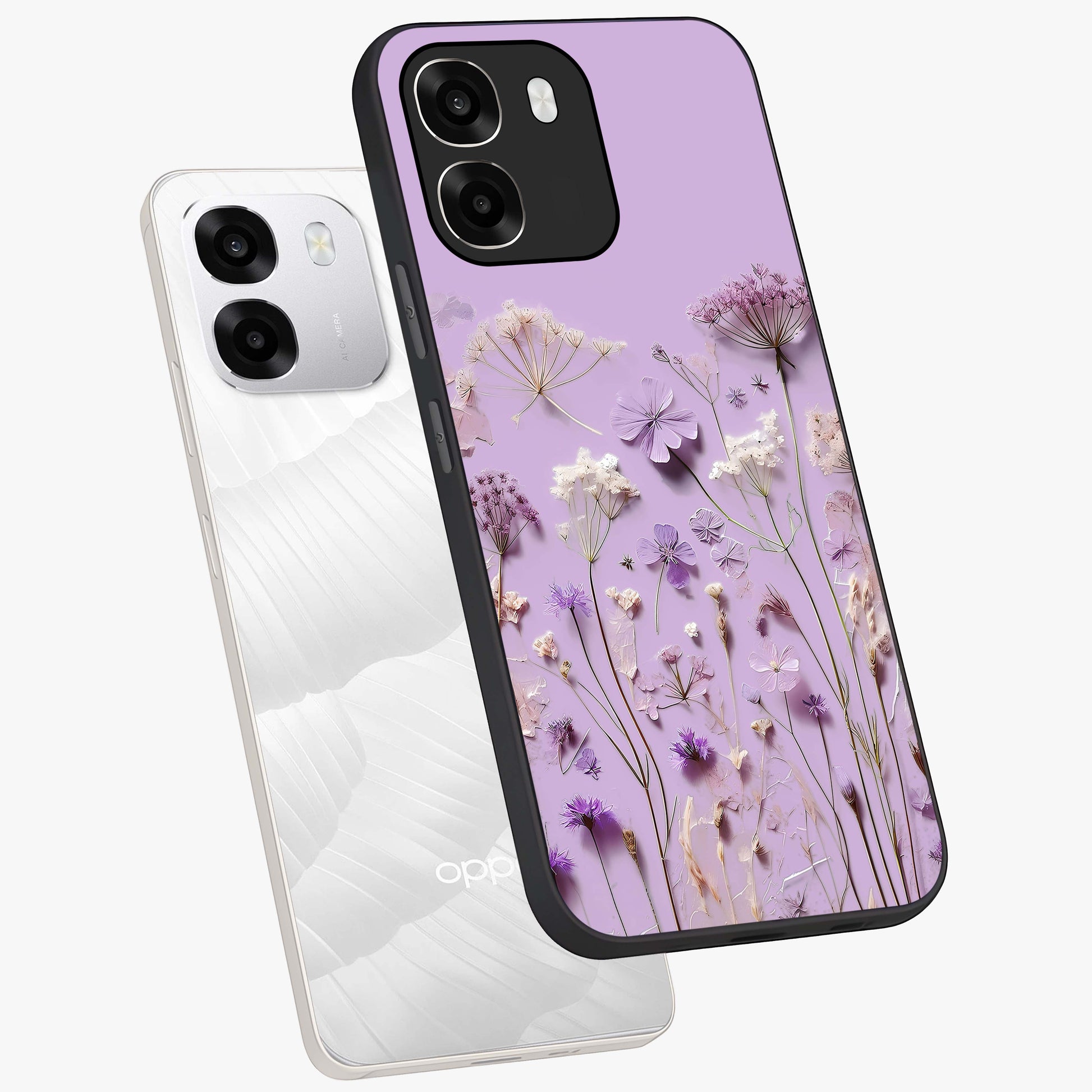 Lavender Blossom Dream Glass Case displayed in angled mockup highlighting dreamy lavender flower design with calming aesthetic style.