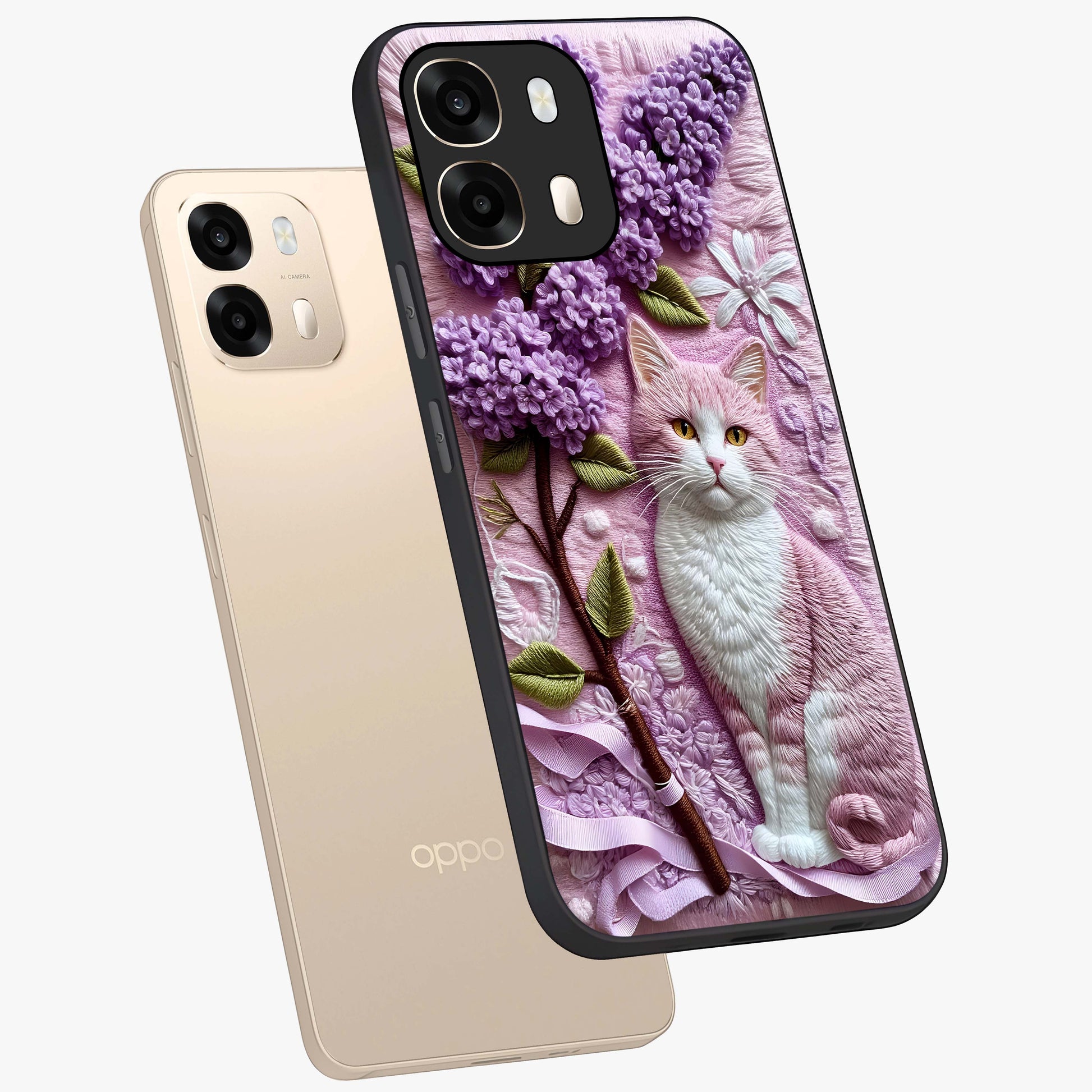 Lavender Cat Whimsy Glass Case displayed in angled mockup highlighting playful feline illustration with pastel lavender aesthetic.