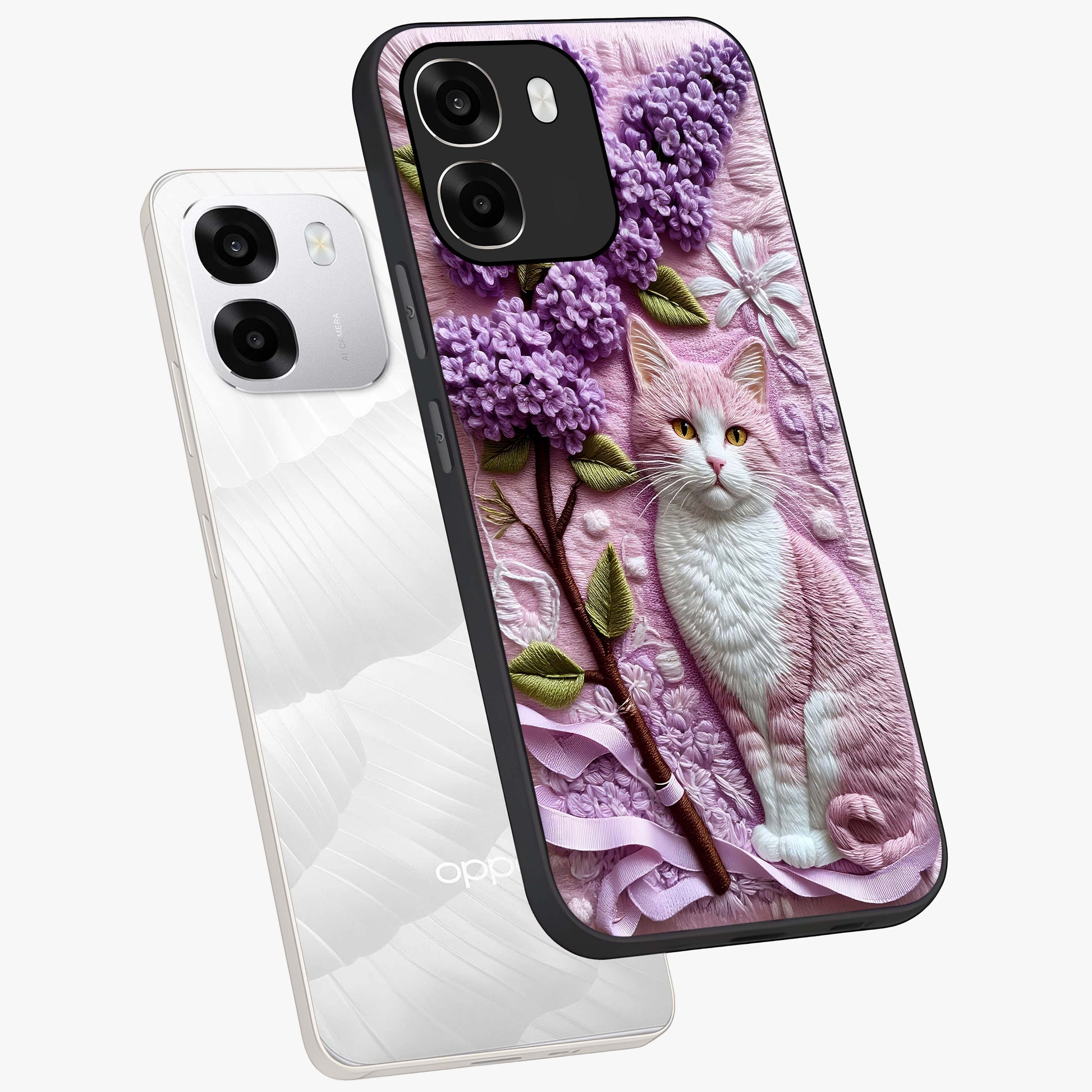 Lavender Cat Whimsy Glass Case displayed in angled mockup highlighting playful feline illustration with pastel lavender aesthetic.
