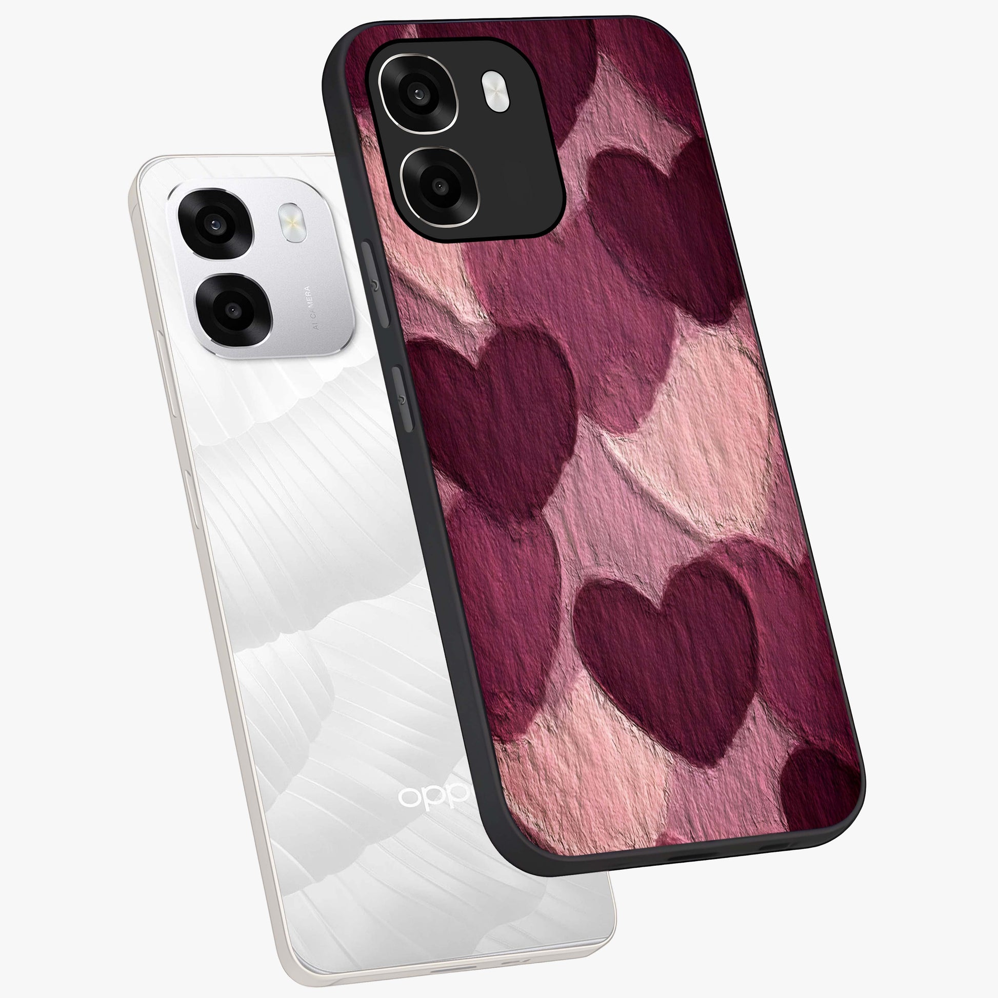 Layered Paper Hearts Glass Case displayed in angled mockup highlighting creative paper craft heart design with romantic aesthetic.