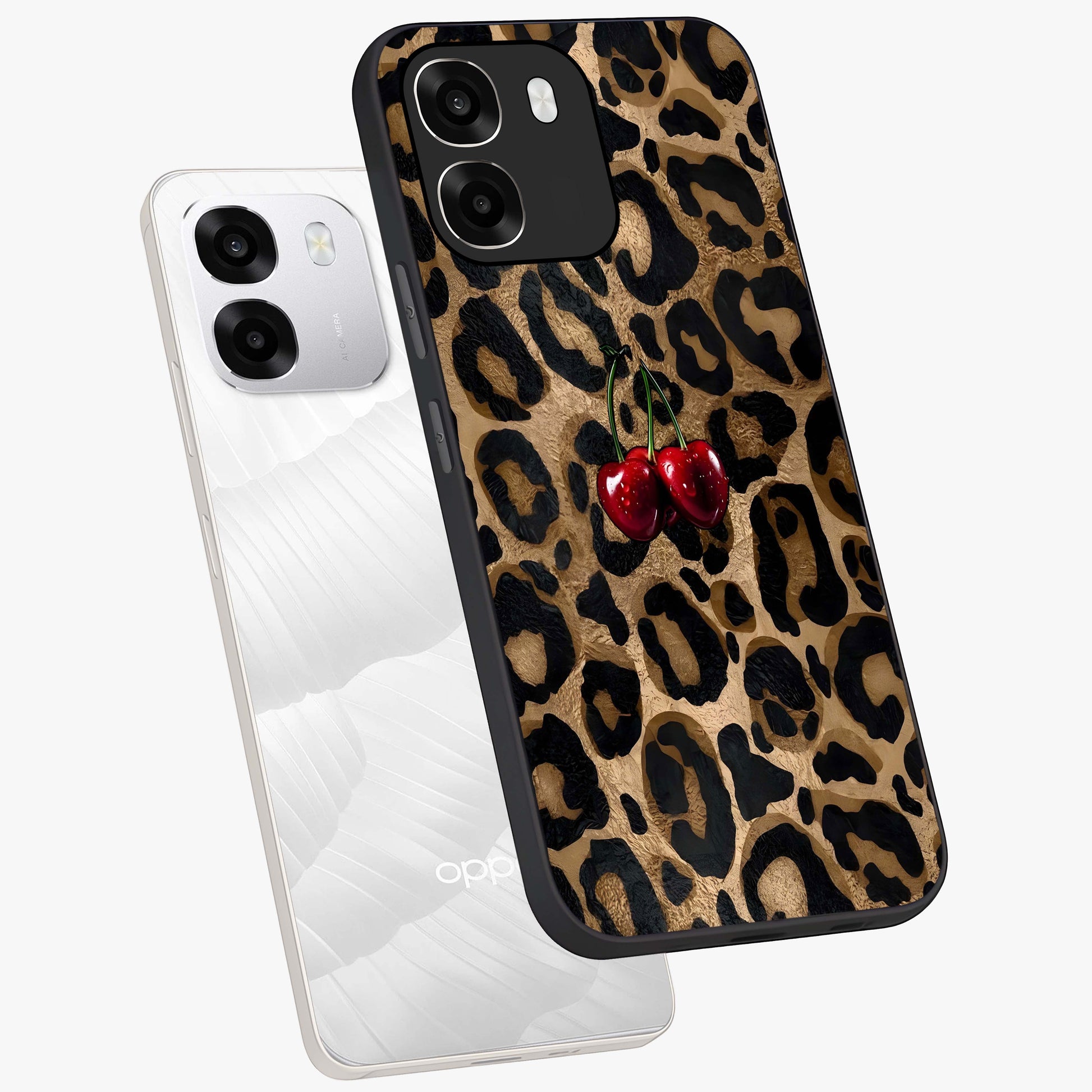 Leopard Wild Cherry Glass Case displayed in angled mockup highlighting bold animal print design with playful cherry aesthetic.
