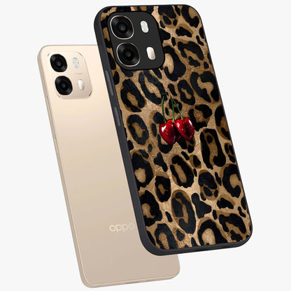 Leopard Wild Cherry Glass Case displayed in angled mockup highlighting bold animal print design with playful cherry aesthetic.