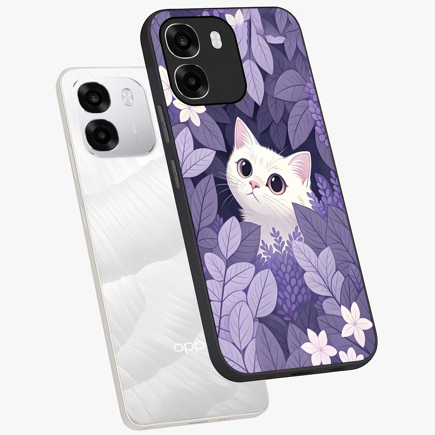 Lilac Hide Peek Cat Glass Case displayed in angled mockup highlighting playful feline illustration with lilac aesthetic design.
