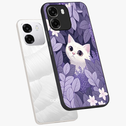 Lilac Hide Peek Cat Glass Case displayed in angled mockup highlighting playful feline illustration with lilac aesthetic design.