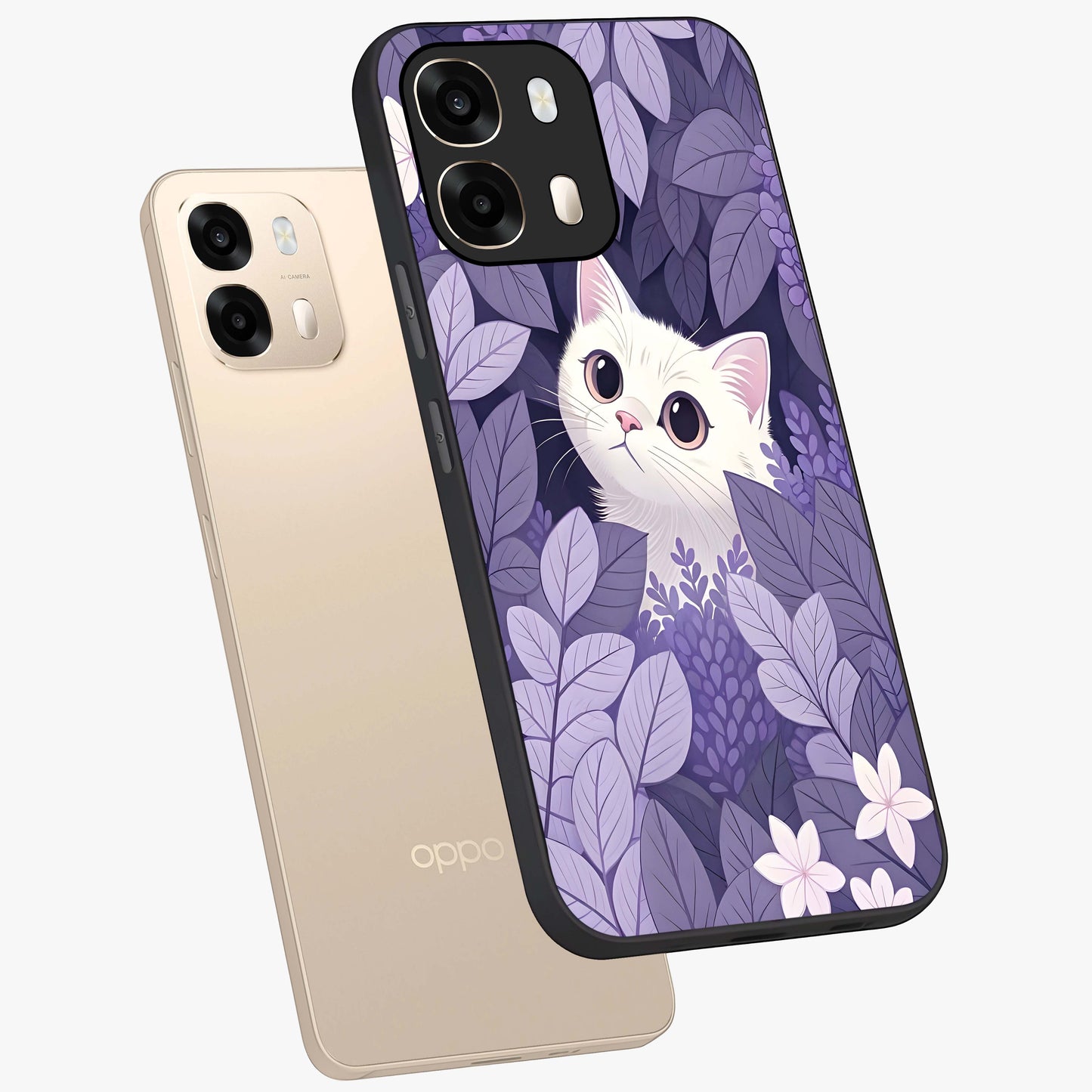 Lilac Hide Peek Cat Glass Case displayed in angled mockup highlighting playful feline illustration with lilac aesthetic design.