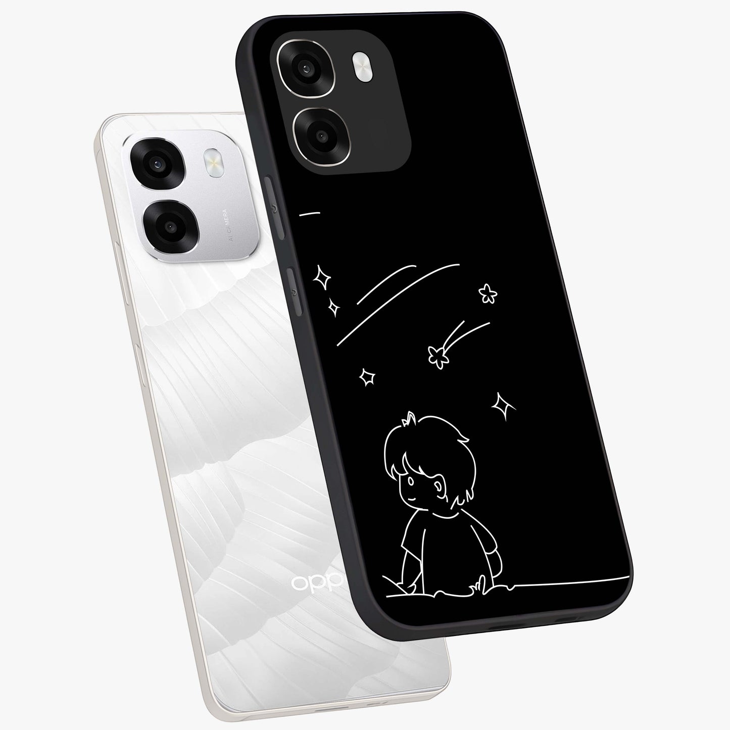 Line Art Boy With Shooting Stars Glass Case displayed in angled mockup highlighting elegant line art design with dreamy star aesthetic.