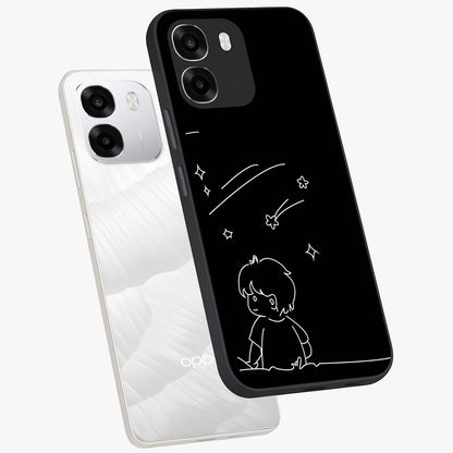 Line Art Boy With Shooting Stars Glass Case displayed in angled mockup highlighting elegant line art design with dreamy star aesthetic.