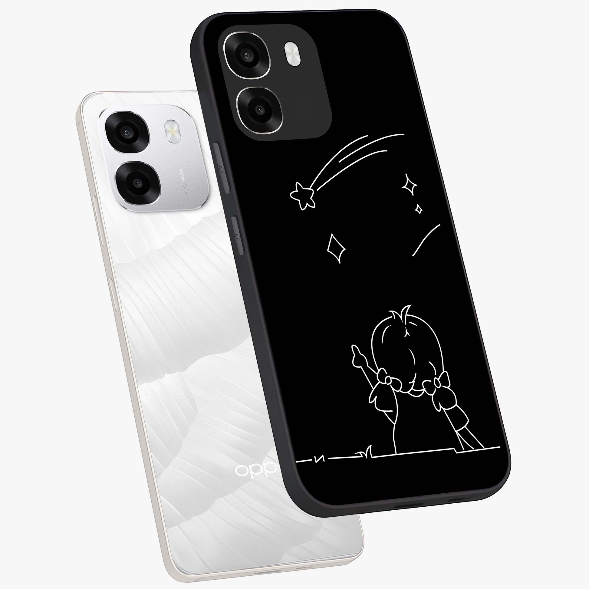 Line Art Girl With Shooting Stars Glass Case displayed in angled mockup highlighting elegant line art design with dreamy star aesthetic.
