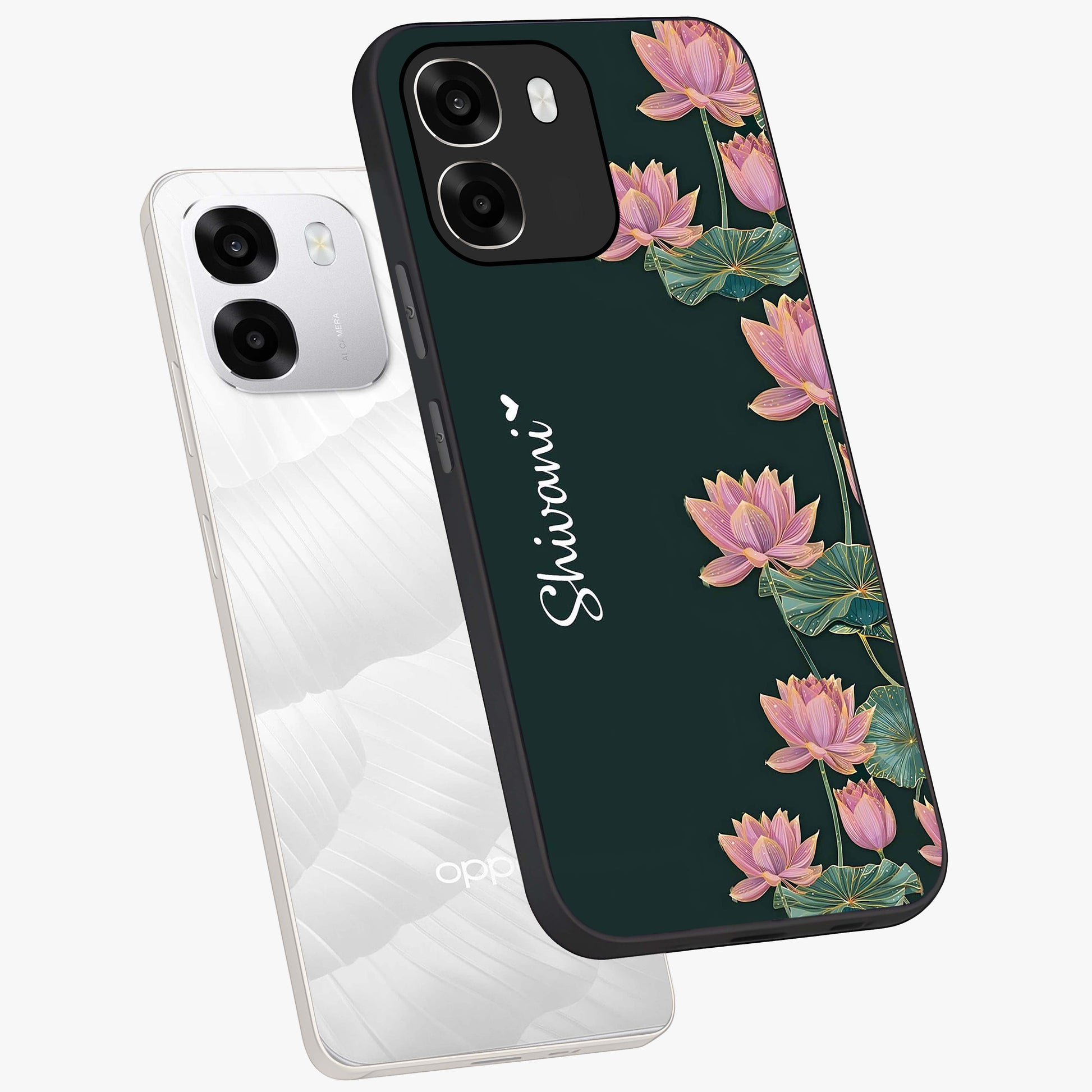 Lotus Bloom Serenity Custom Name Glass Case displayed in angled mockup highlighting graceful lotus illustration with custom name feature.