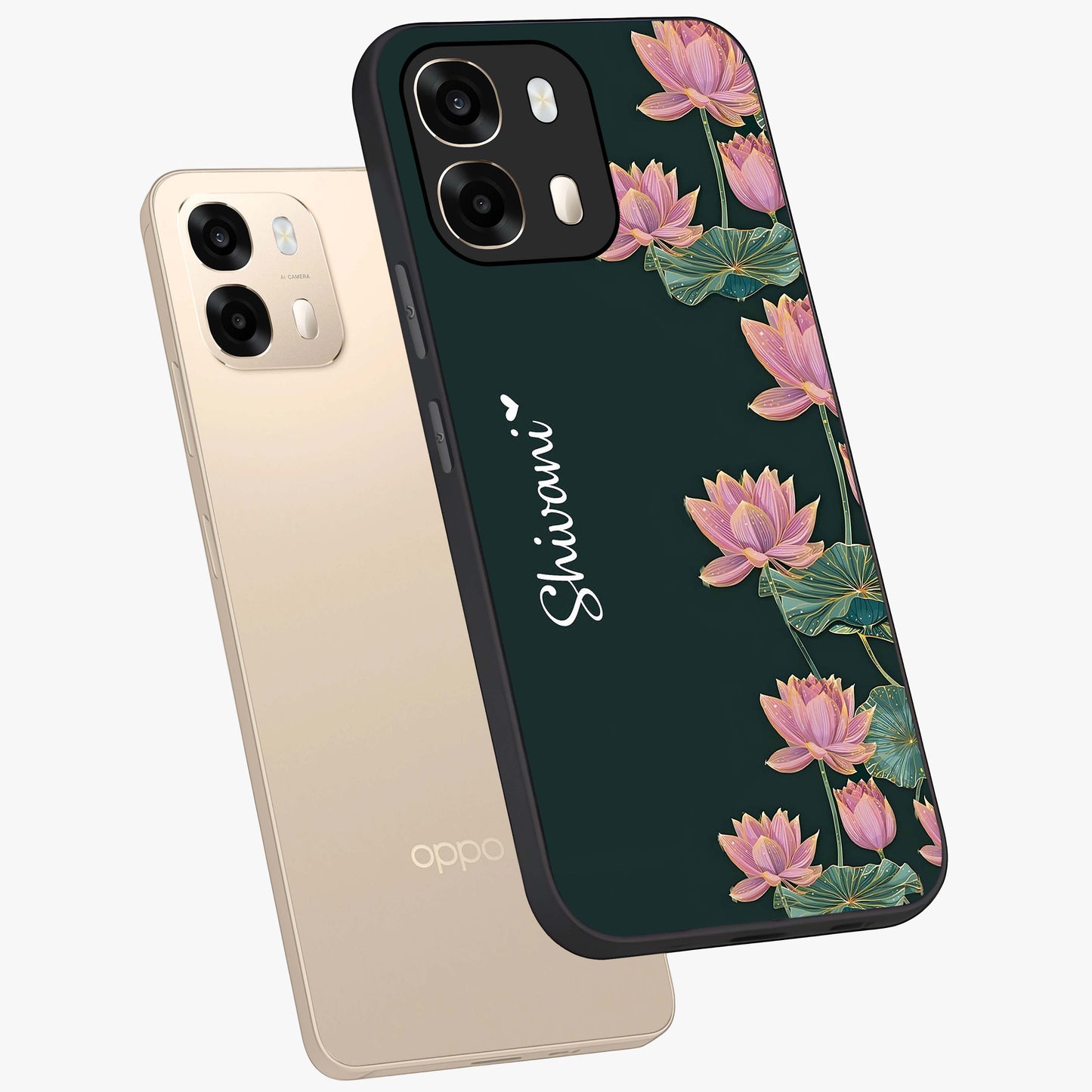 Lotus Bloom Serenity Custom Name Glass Case displayed in angled mockup highlighting graceful lotus illustration with custom name feature.