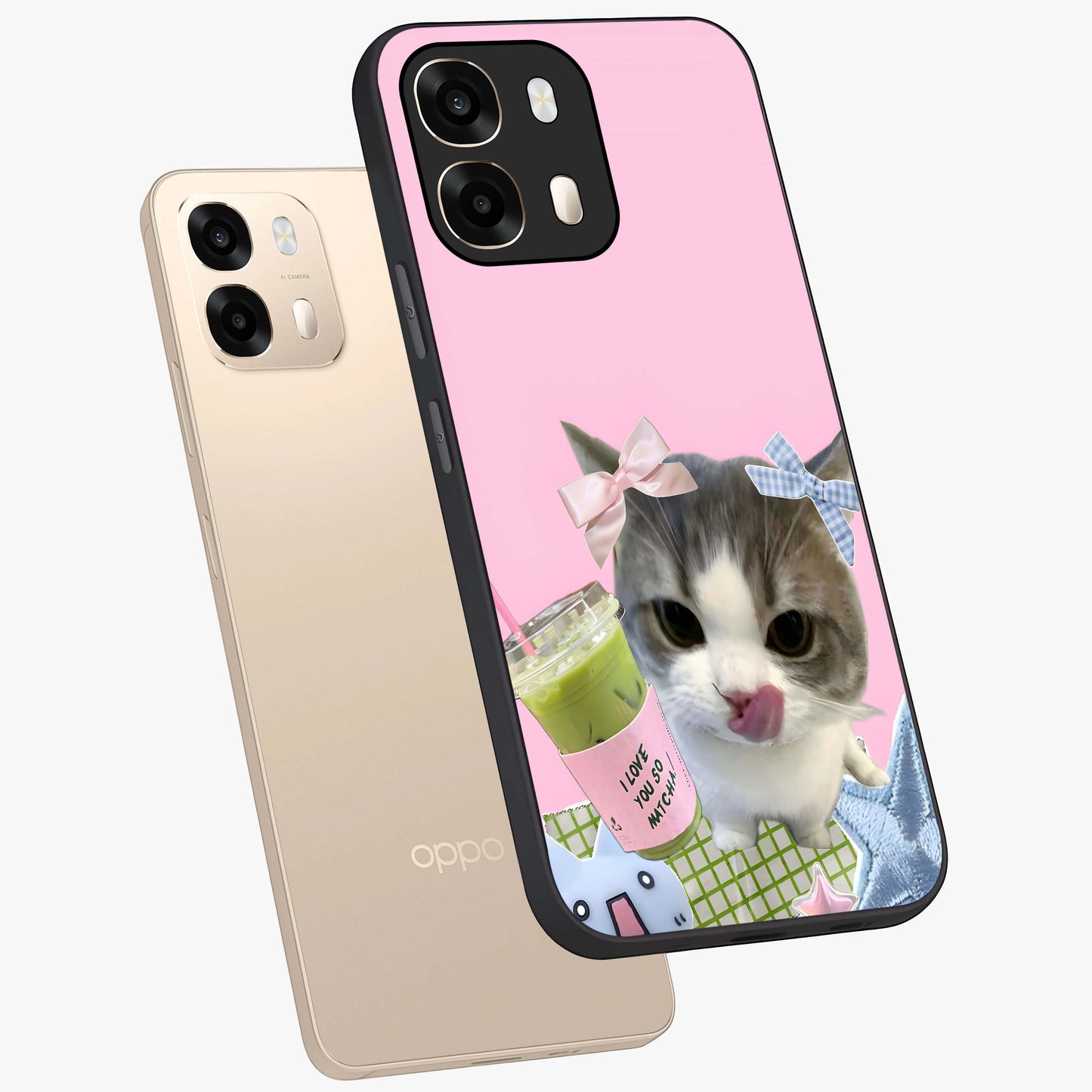 Love Matcha Cat Glass Case displayed in angled mockup highlighting playful feline illustration with cozy matcha aesthetic.