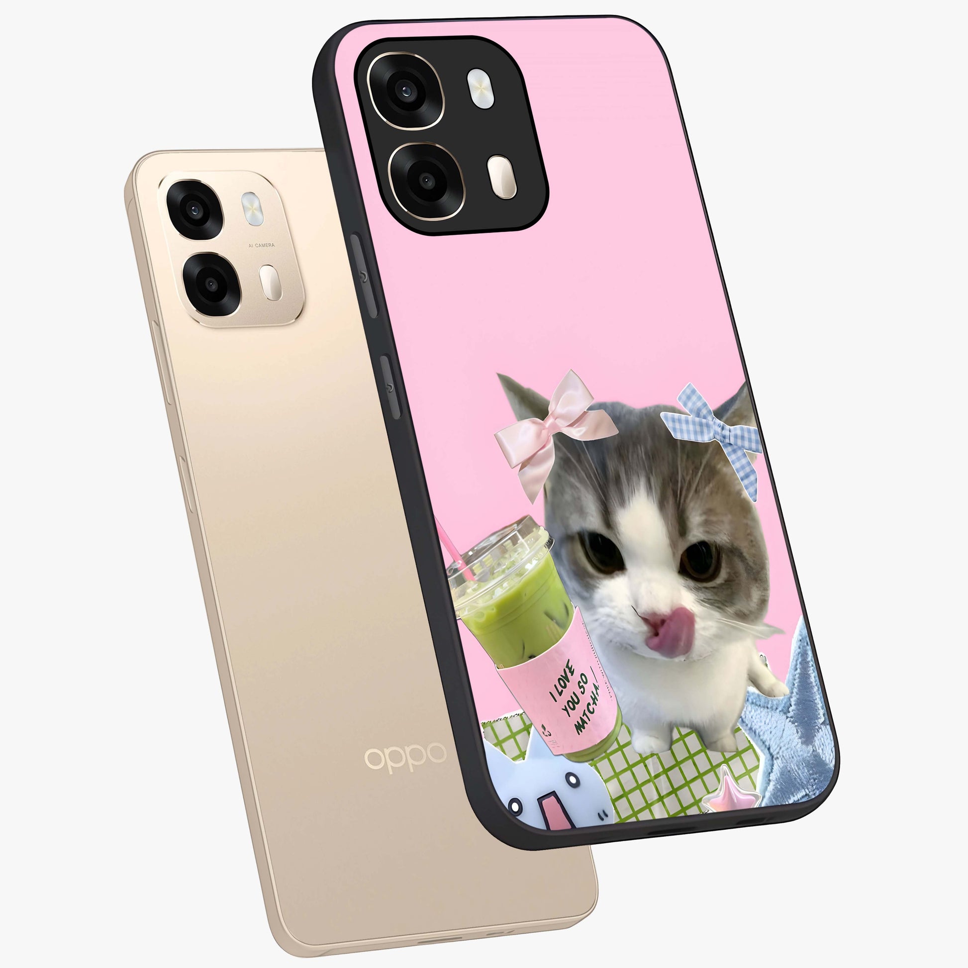 Love Matcha Cat Glass Case displayed in angled mockup highlighting playful feline illustration with cozy matcha aesthetic.