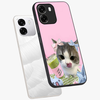 Love Matcha Cat Glass Case displayed in angled mockup highlighting playful feline illustration with cozy matcha aesthetic.