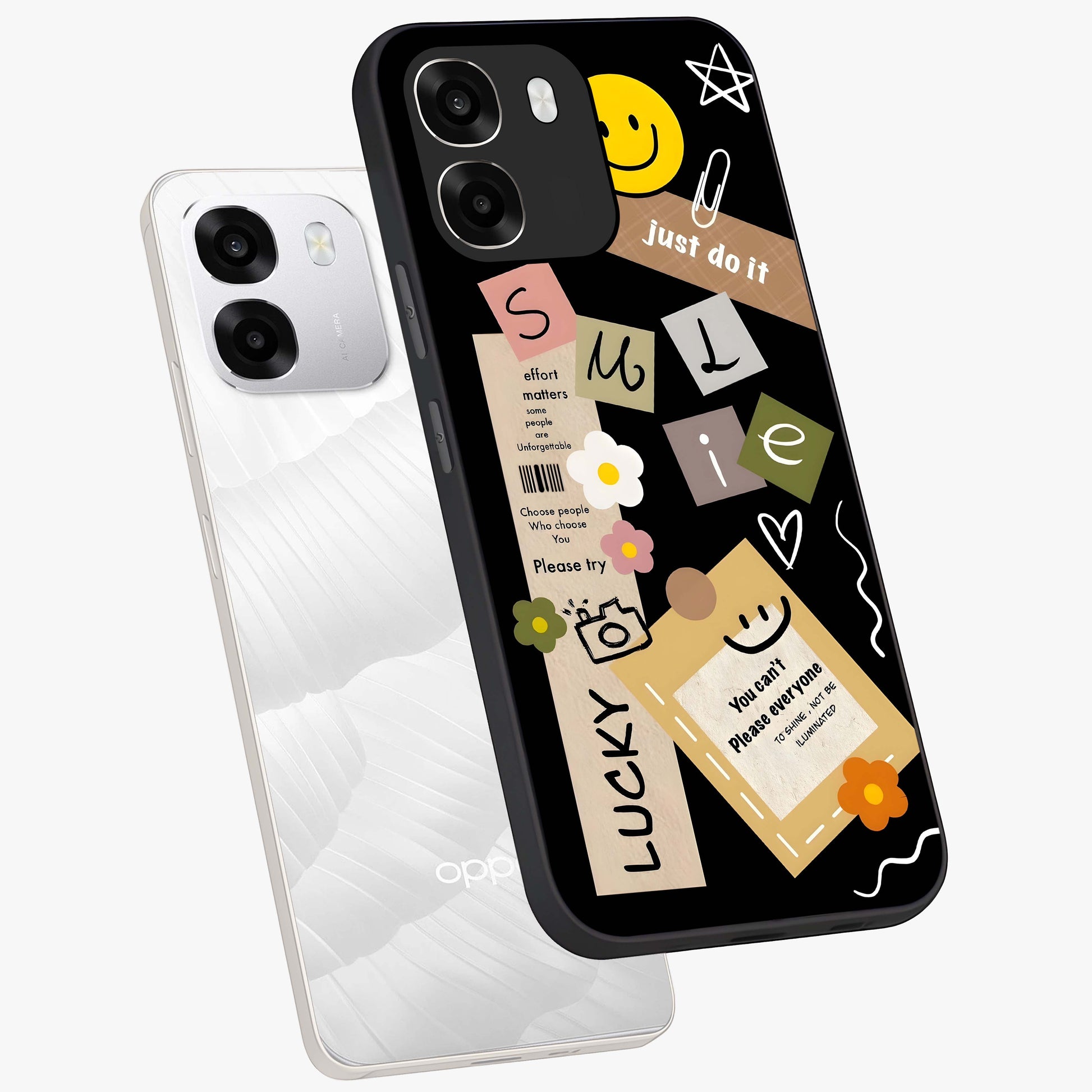 Lucky Aesthetic Collage Glass Case displayed in angled mockup highlighting stylish collage pattern with modern aesthetic vibe.