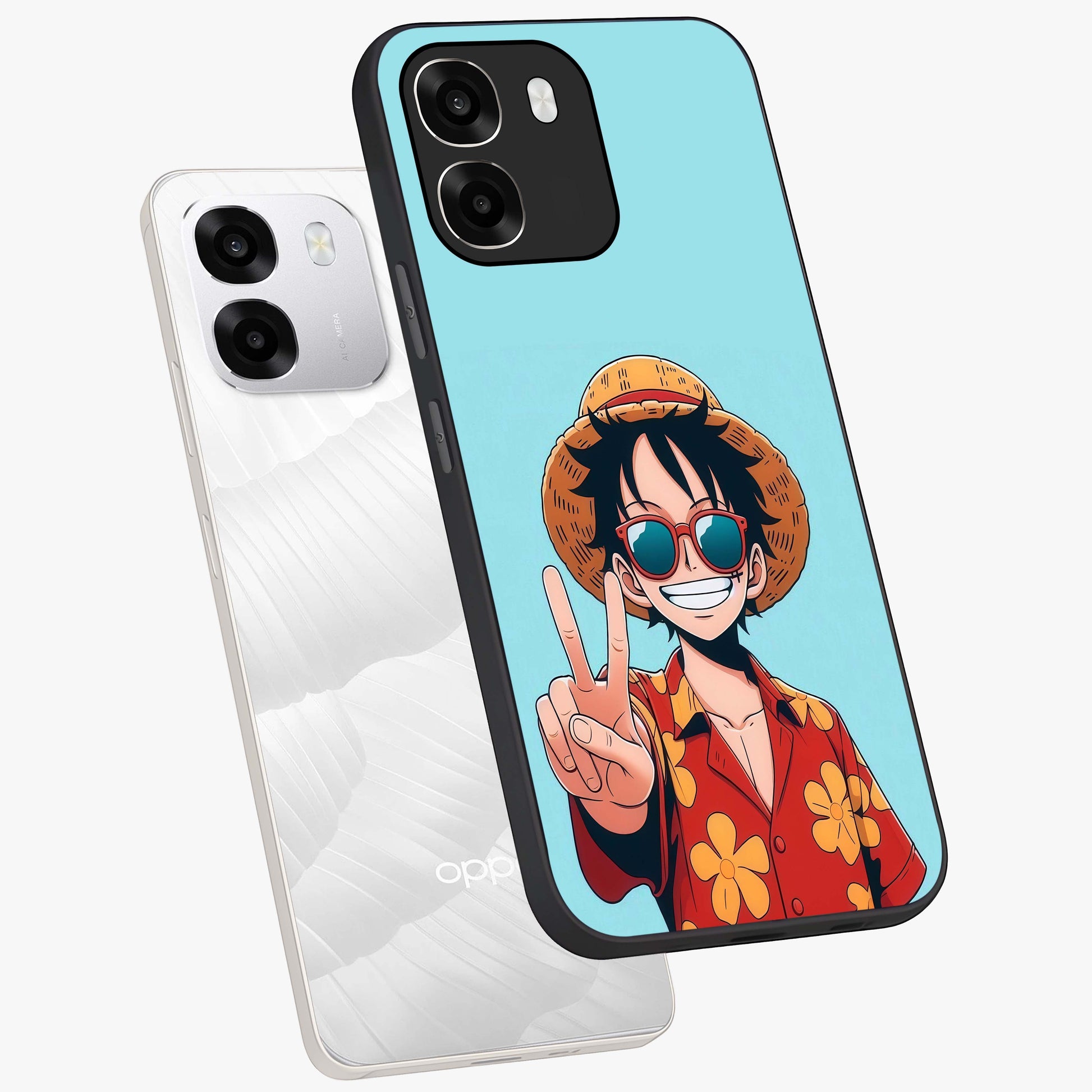Luffy Summer Anime Vibe Glass Case displayed in angled mockup highlighting energetic anime illustration with summer vibe aesthetic.