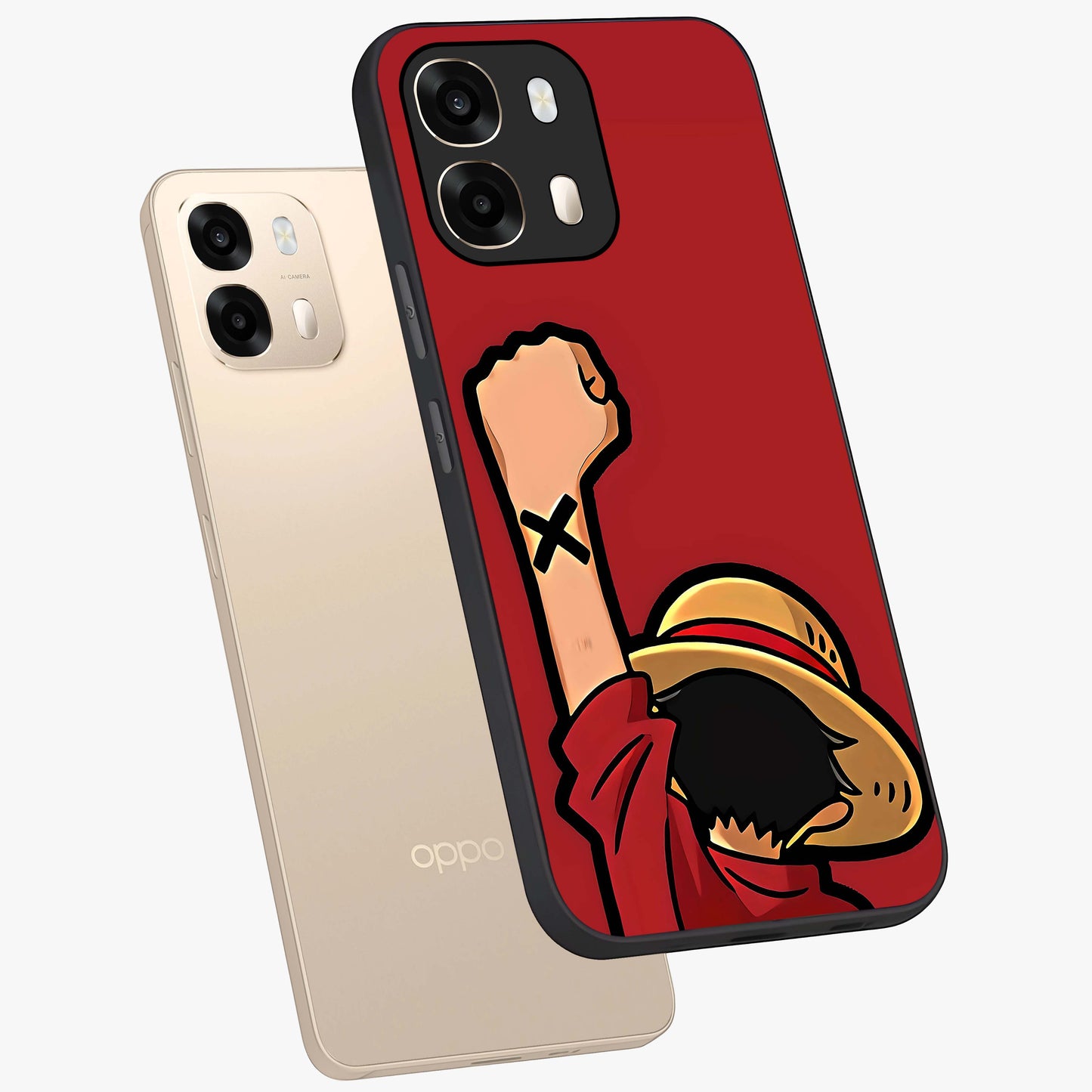 Luffy X Spirit Glass Case displayed in angled mockup highlighting powerful anime design with energetic action aesthetic.