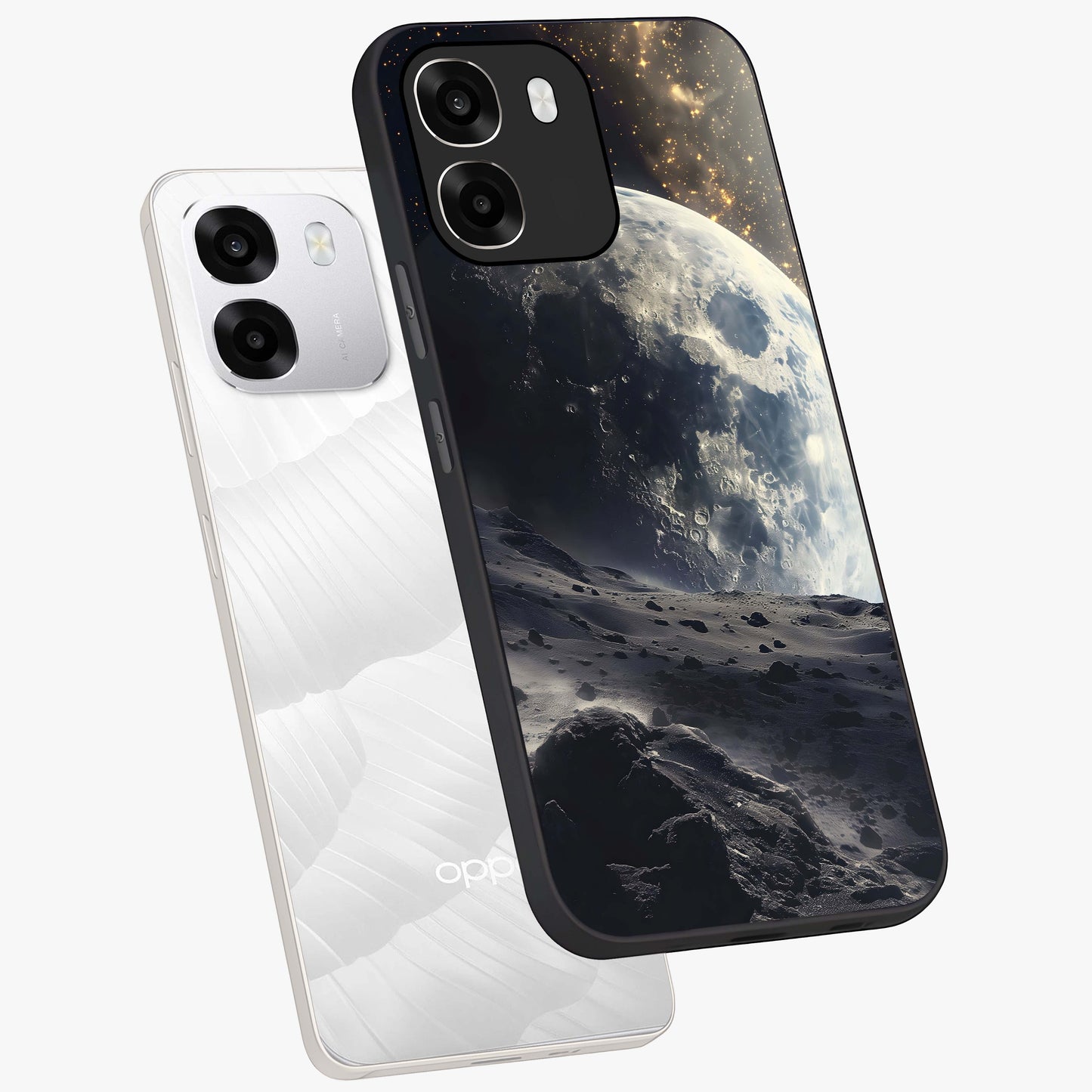 Lunar Horizon Glow Glass Case displayed in angled mockup highlighting celestial moon design with dreamy night aesthetic.