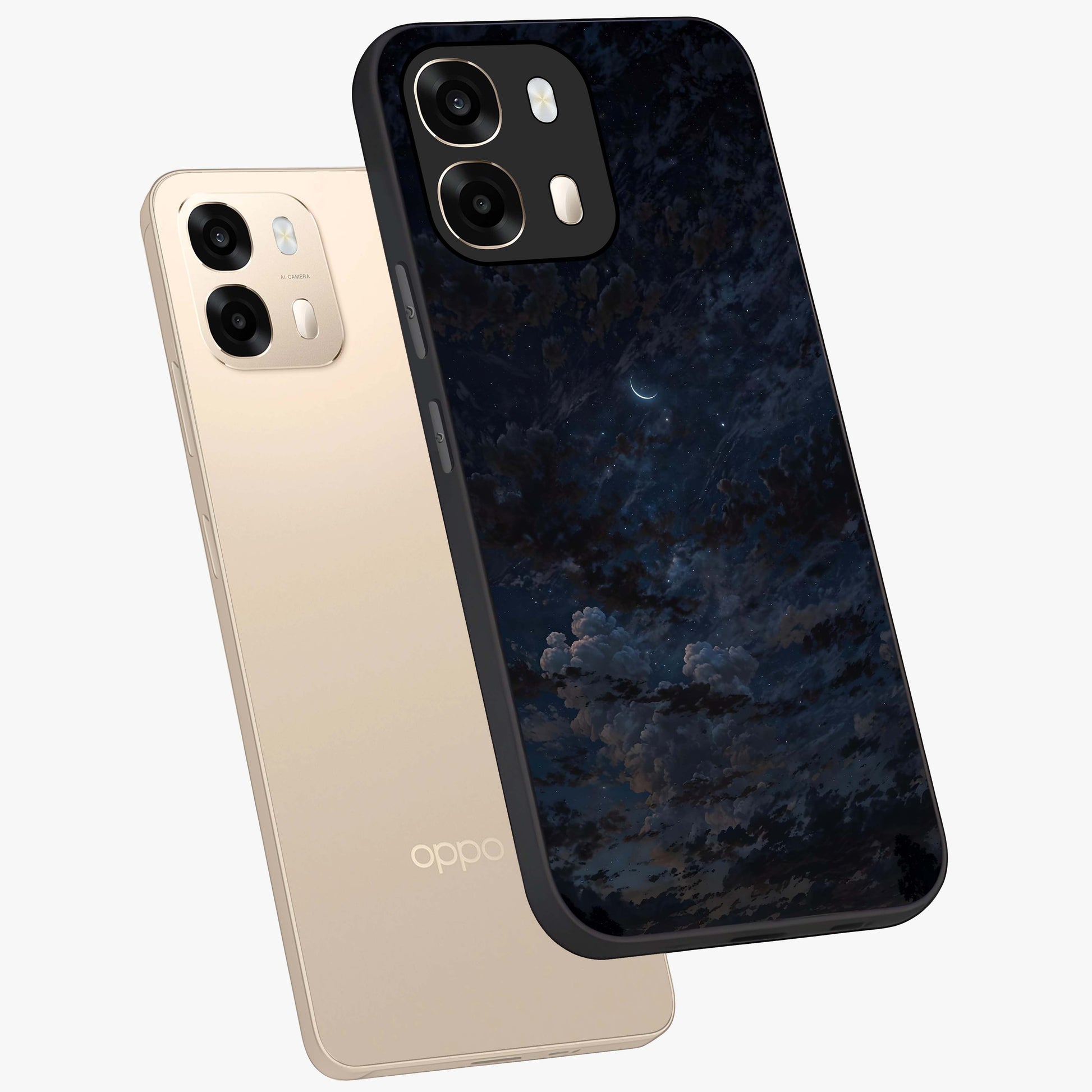 Lunar Veil Silence Glass Case displayed in angled mockup highlighting soft lunar design with peaceful celestial aesthetic.