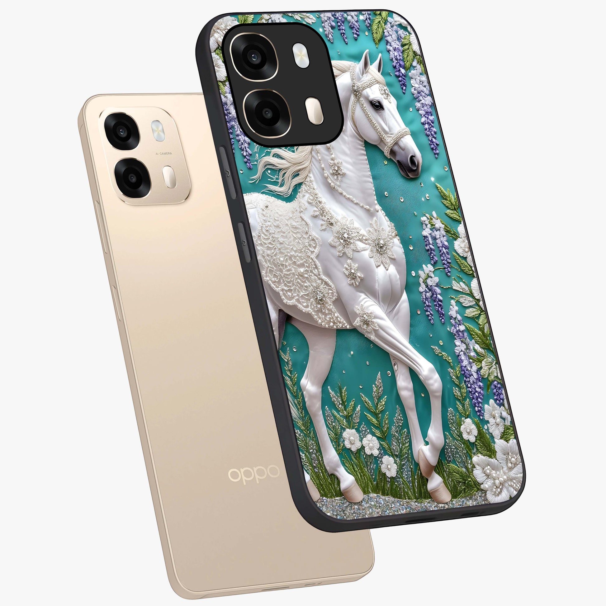 Majestic Floral Stallion Glass Case displayed in angled mockup highlighting majestic stallion illustration with elegant floral aesthetic.