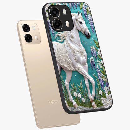 Majestic Floral Stallion Glass Case displayed in angled mockup highlighting majestic stallion illustration with elegant floral aesthetic.
