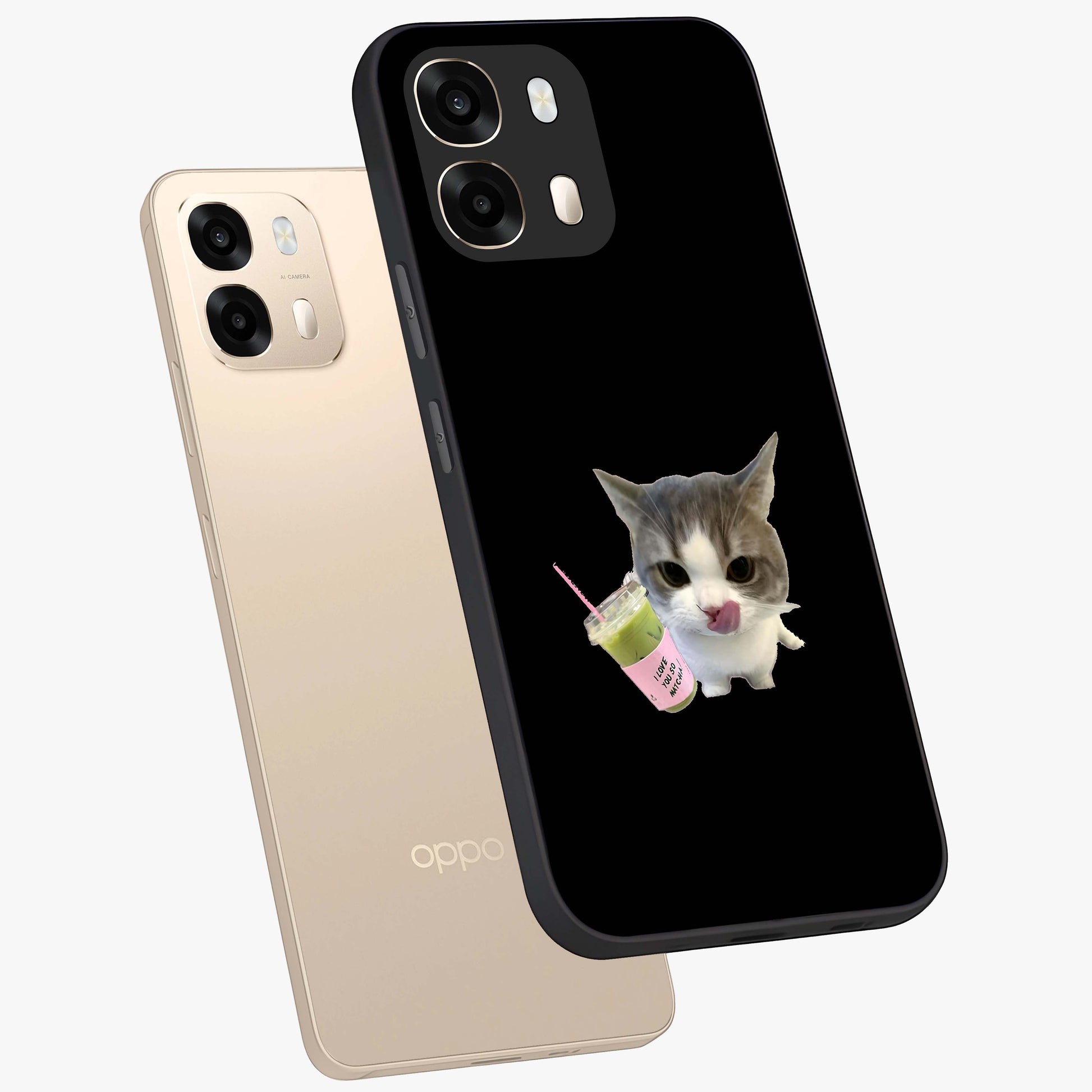 Matcha Cat Style Glass Case displayed in angled mockup highlighting playful feline design with pastel matcha aesthetic.