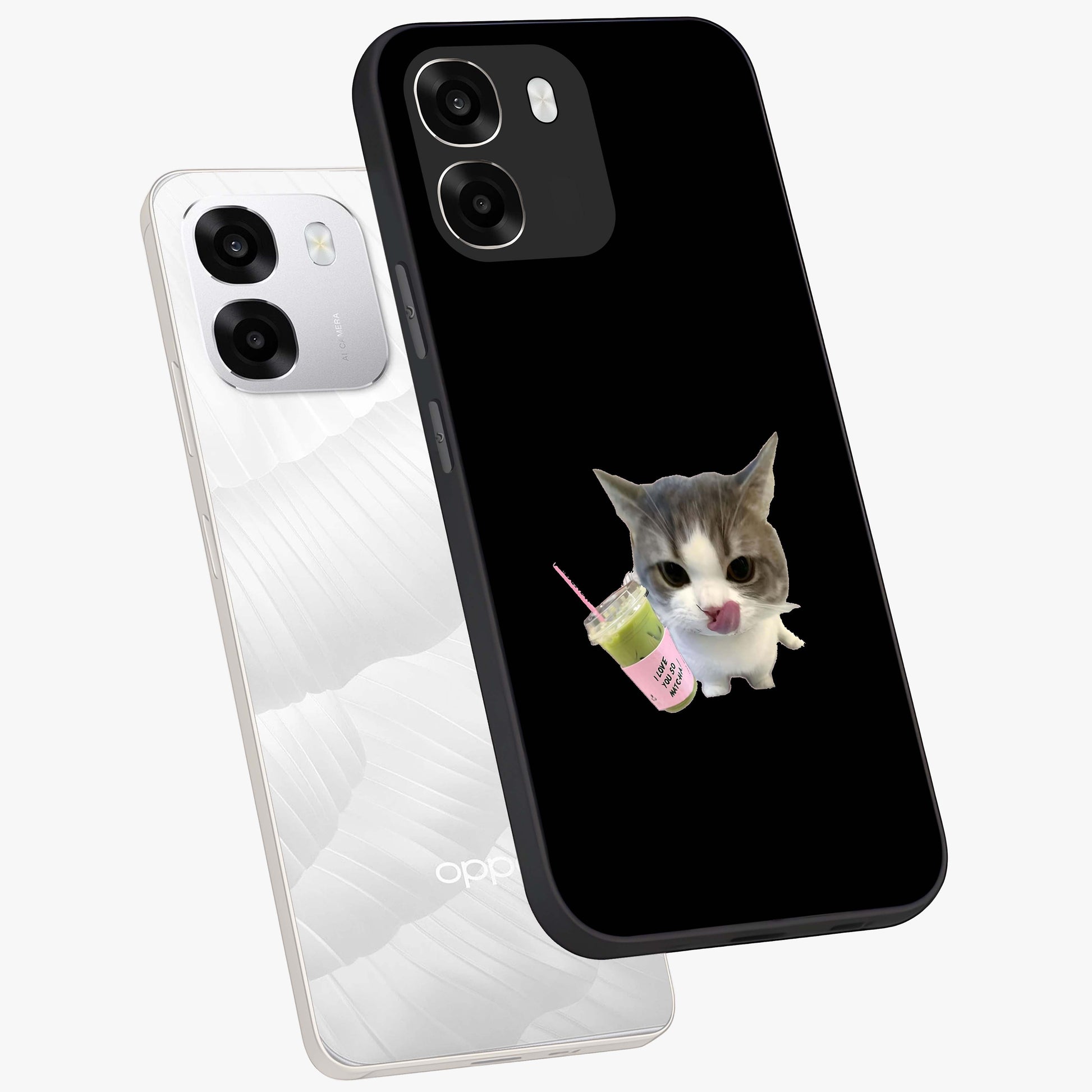 Matcha Cat Style Glass Case displayed in angled mockup highlighting playful feline design with pastel matcha aesthetic.