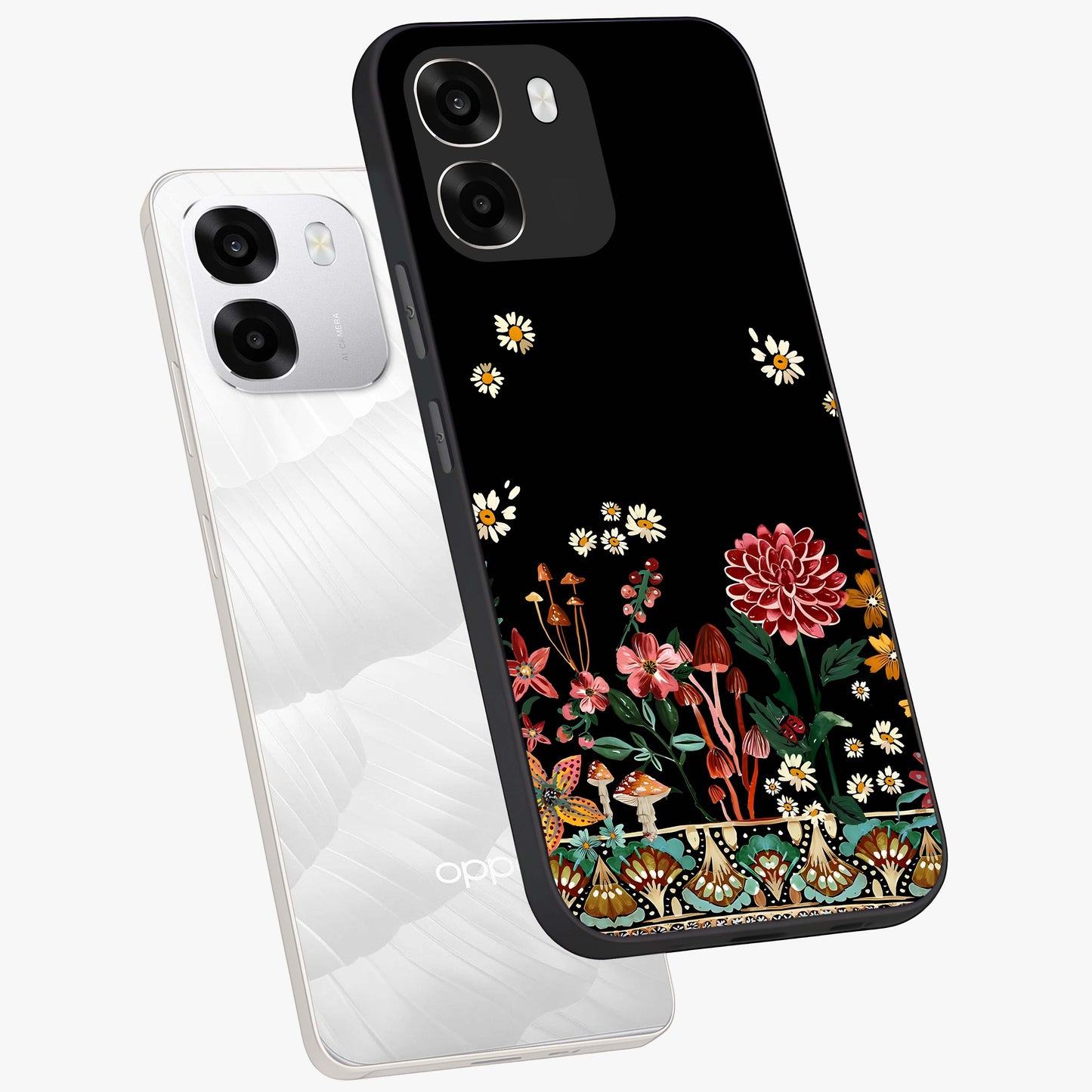Midnight Bloom Pattern Glass Case displayed in angled mockup highlighting elegant flower design with midnight aesthetic style.