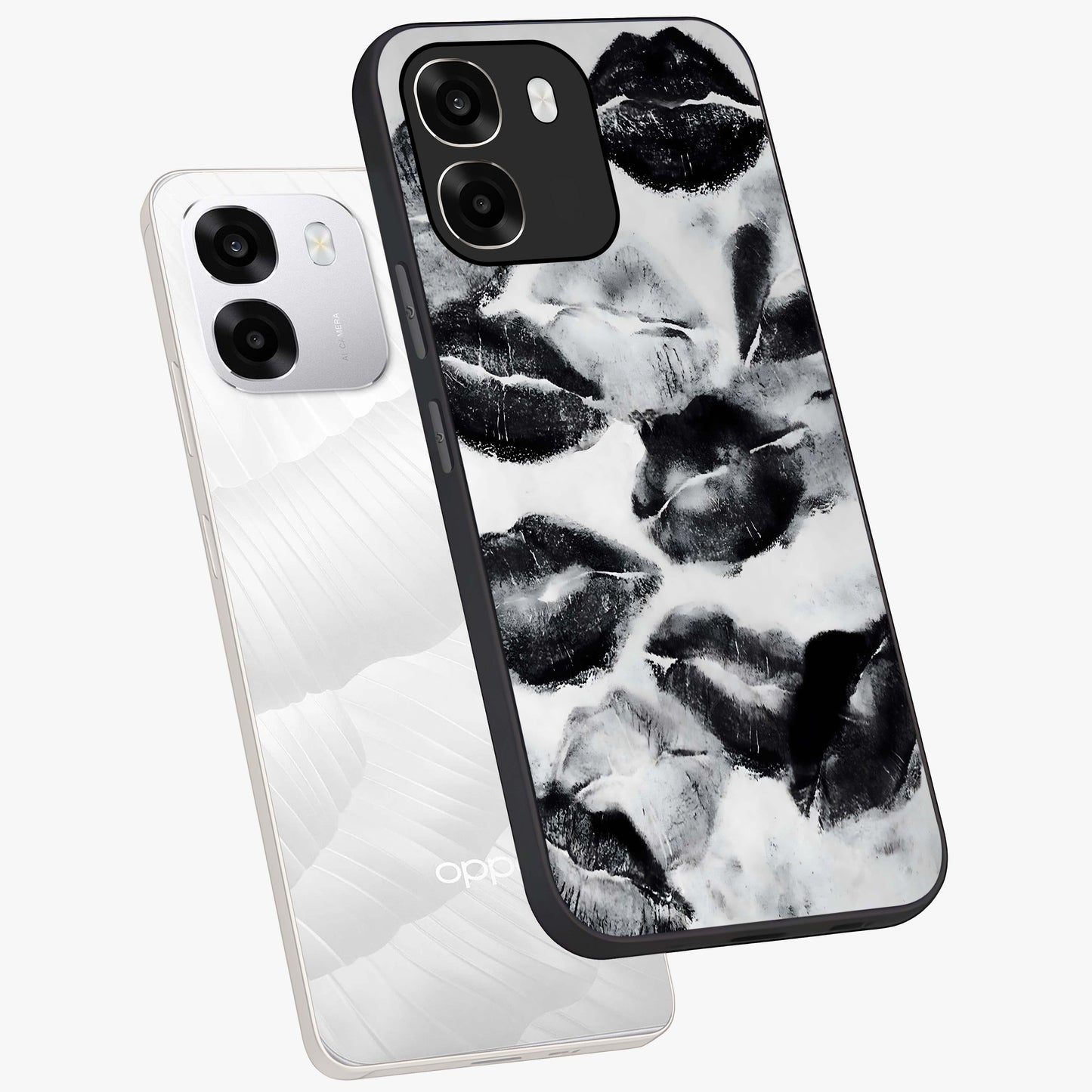 Midnight Kiss Marks Glass Case displayed in angled mockup highlighting playful romantic design with bold midnight aesthetic.