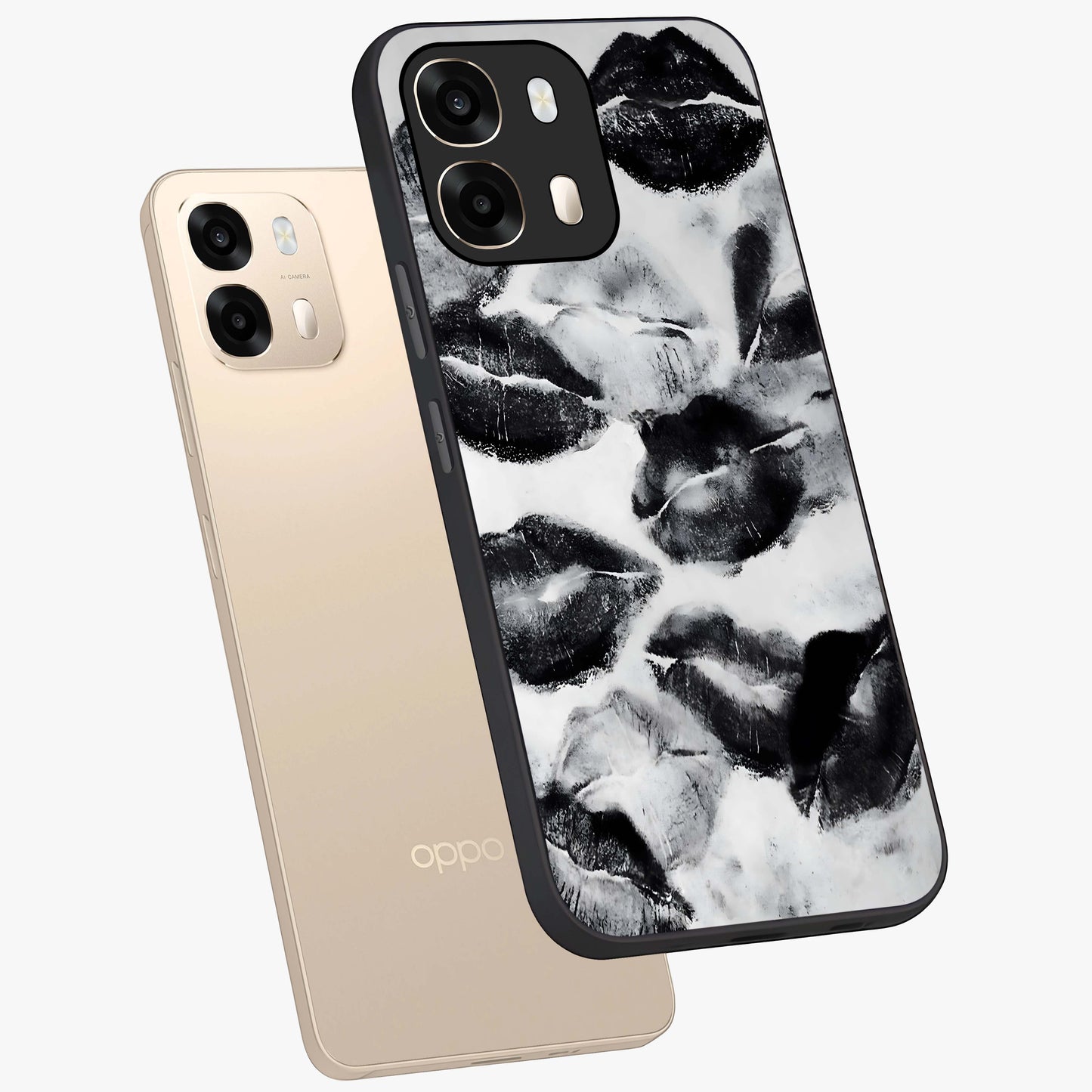 Midnight Kiss Marks Glass Case displayed in angled mockup highlighting playful romantic design with bold midnight aesthetic.