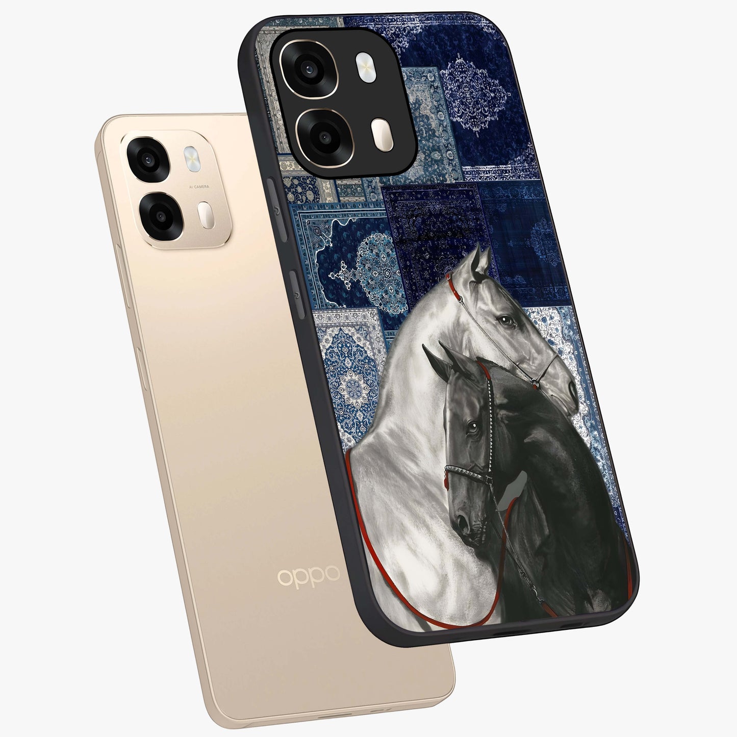 Midnight Stallion Blues Glass Case displayed in angled mockup highlighting powerful stallion illustration with deep midnight tones.
