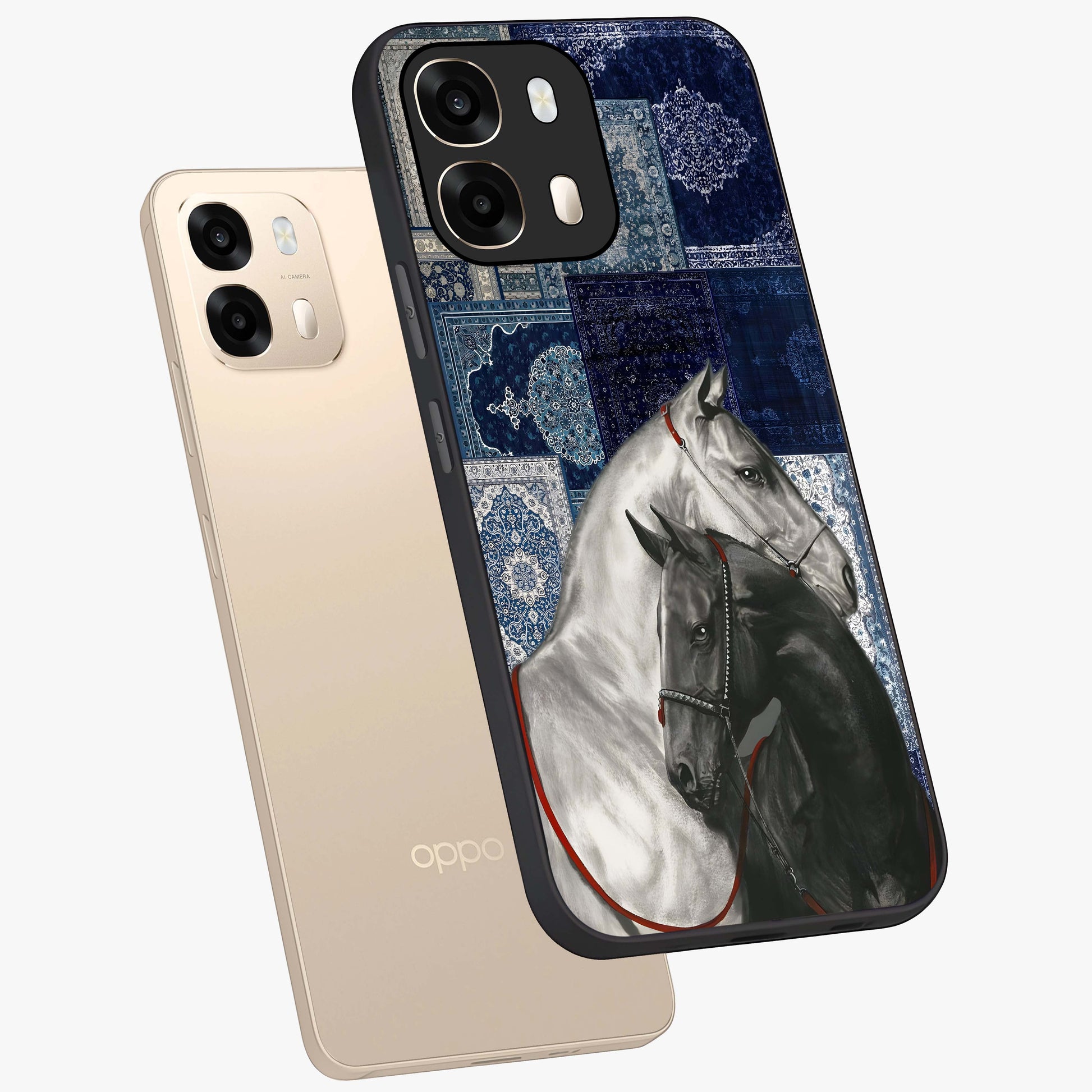 Midnight Stallion Blues Glass Case displayed in angled mockup highlighting powerful stallion illustration with deep midnight tones.