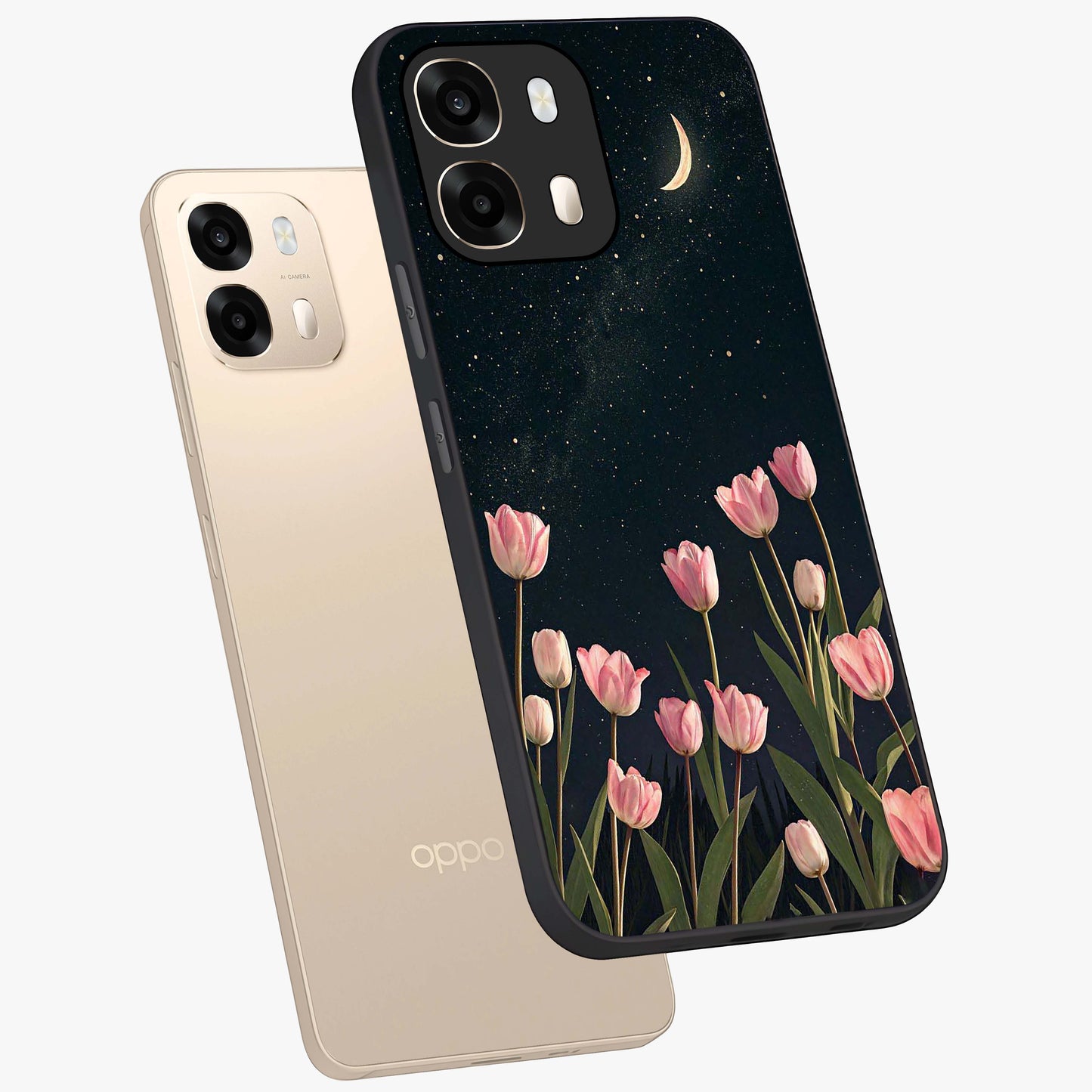 Midnight Tulip Whispers Vibe Glass Case displayed in angled mockup highlighting delicate tulip design with midnight floral aesthetic.