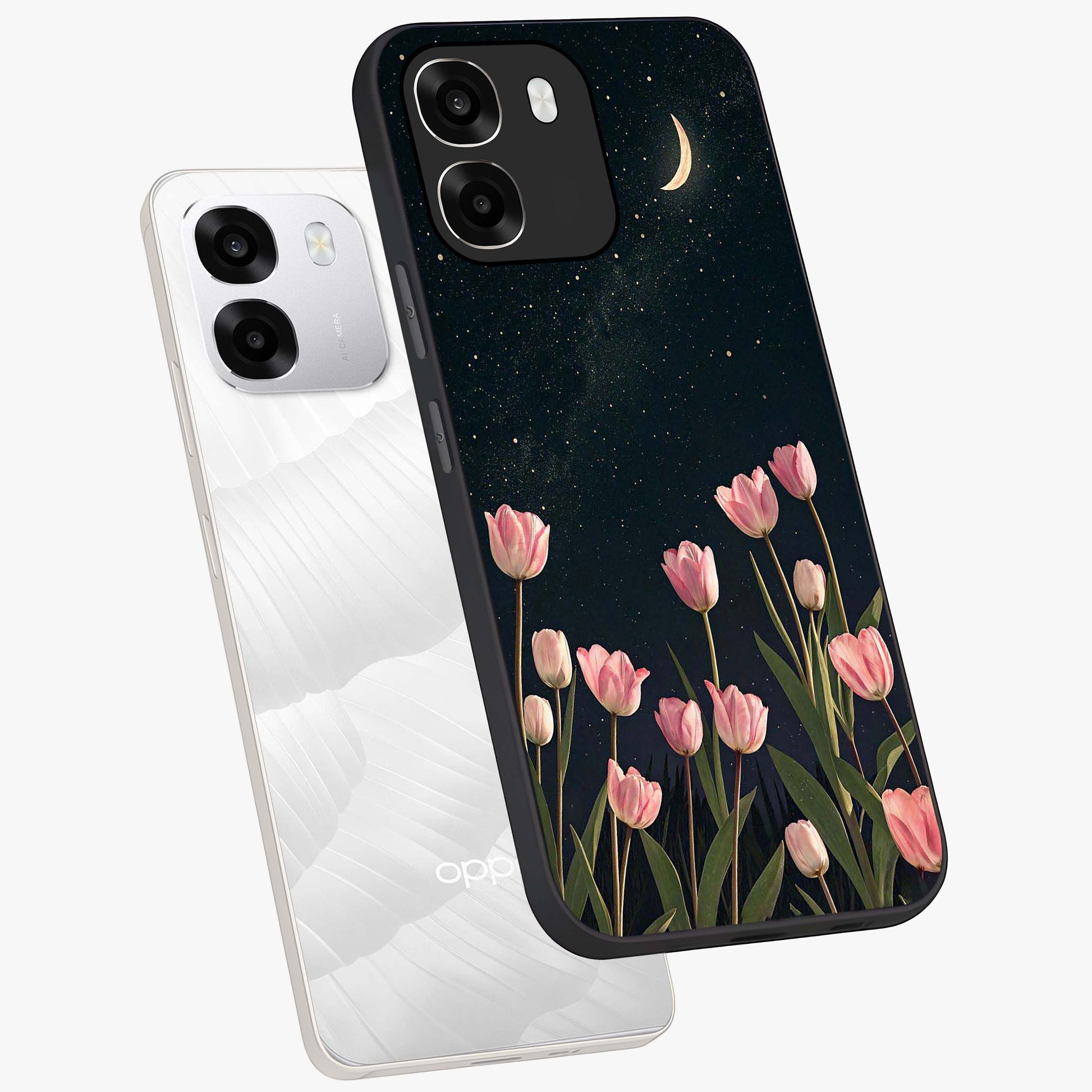 Midnight Tulip Whispers Vibe Glass Case displayed in angled mockup highlighting delicate tulip design with midnight floral aesthetic.