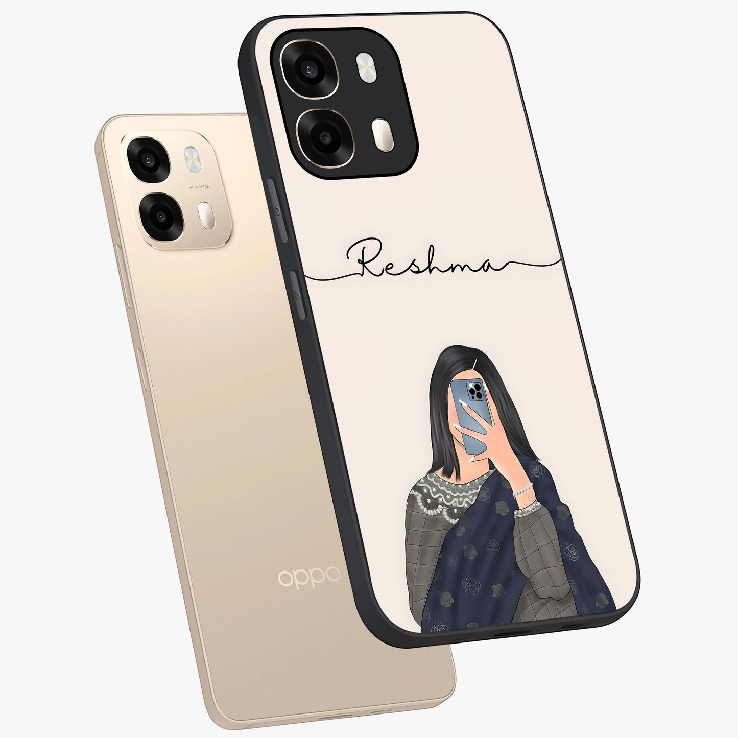 Mirror Mood Muse With Custom Name Glass Case displayed in angled mockup highlighting aesthetic mirror inspired design with custom name feature.