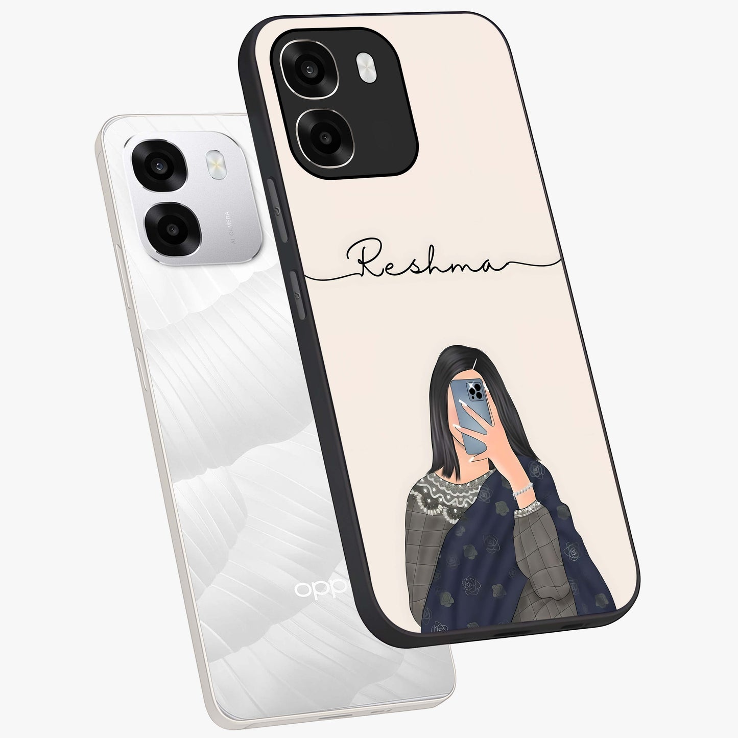 Mirror Mood Muse With Custom Name Glass Case displayed in angled mockup highlighting aesthetic mirror inspired design with custom name feature.