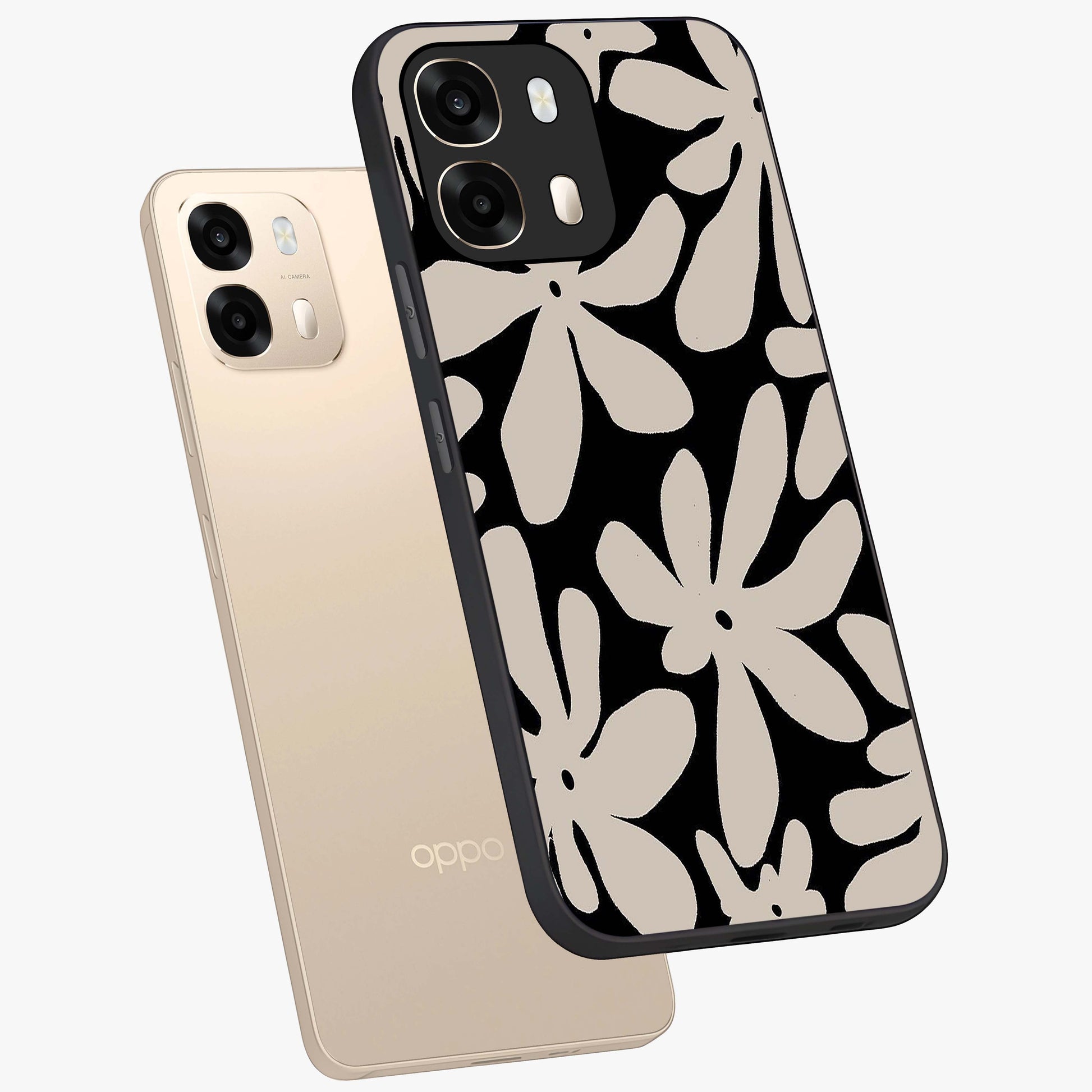 Monochrome Petal Dance Glass Case displayed in angled mockup highlighting elegant petal design with black and white aesthetic.
