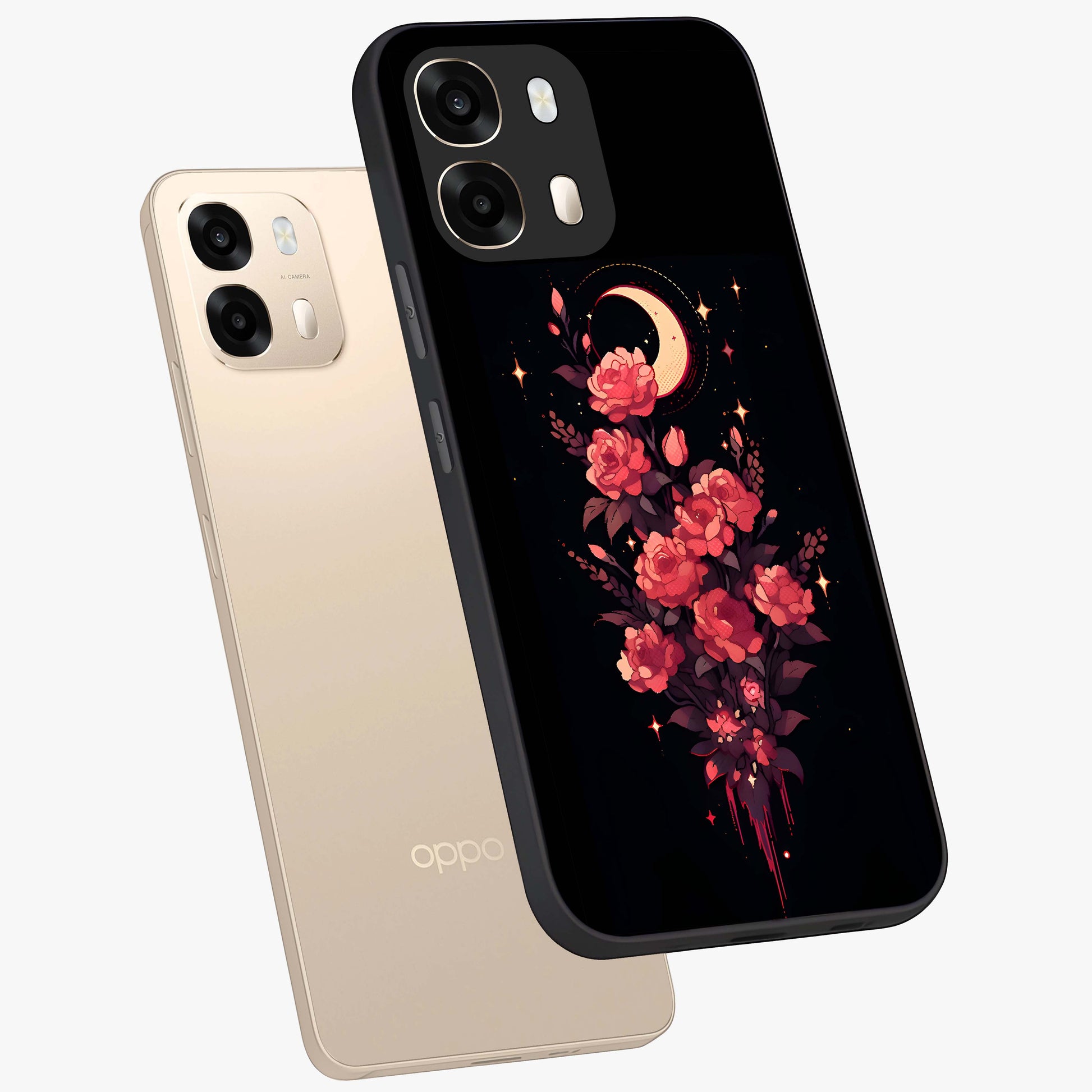 Moonlit Floral Elegance Glass Case displayed in angled mockup highlighting graceful flower design with soft moonlight aesthetic.