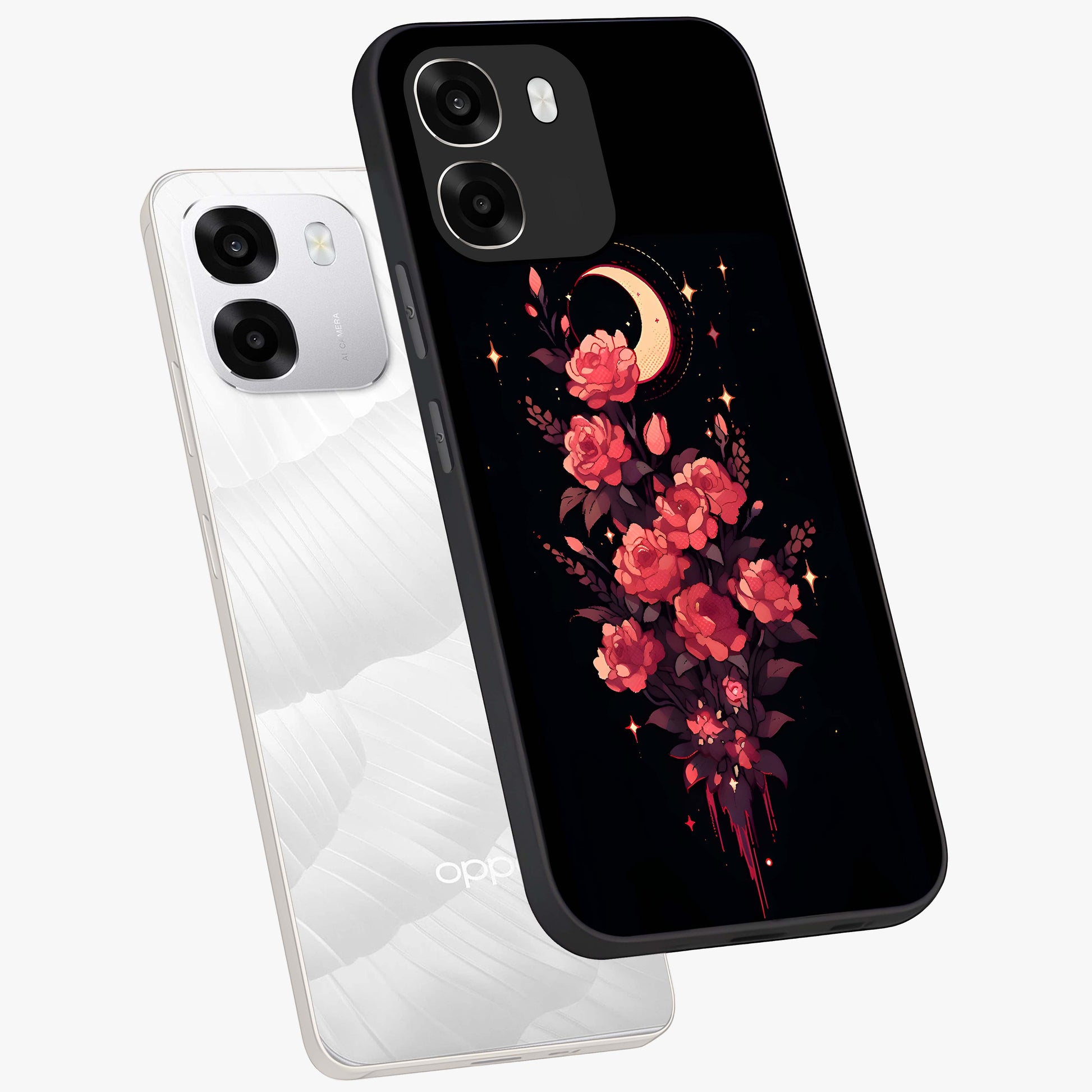 Moonlit Floral Elegance Glass Case displayed in angled mockup highlighting graceful flower design with soft moonlight aesthetic.