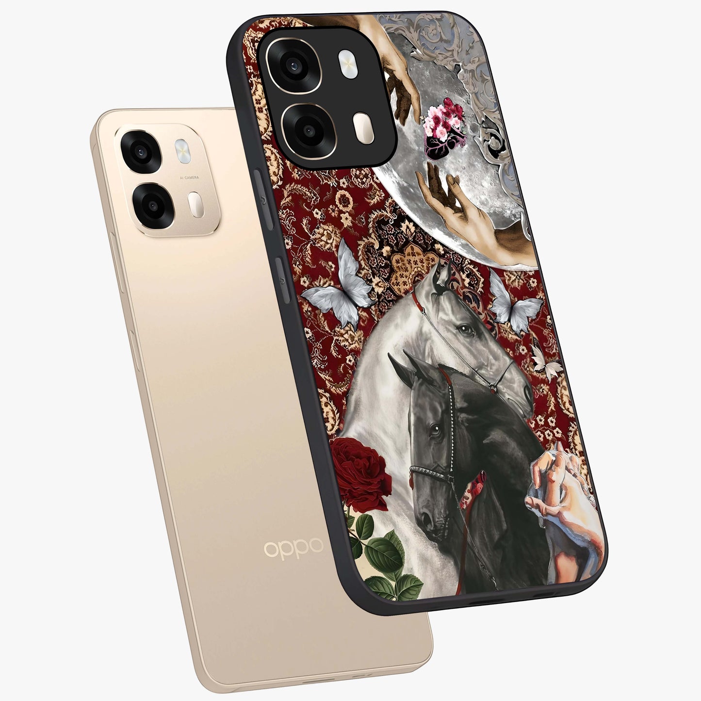 Moonlit Royal Stallion Glass Case displayed in angled mockup highlighting powerful stallion illustration with royal night aesthetic.