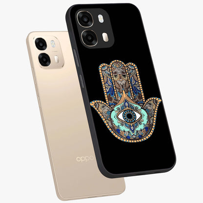 Mystic Hamsa Eye Glass Case displayed in angled mockup highlighting spiritual hamsa symbol with mystical aesthetic style.