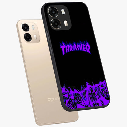 Neon Flame Riot Glass Case displayed in angled mockup highlighting glowing flame design with vibrant neon aesthetic.